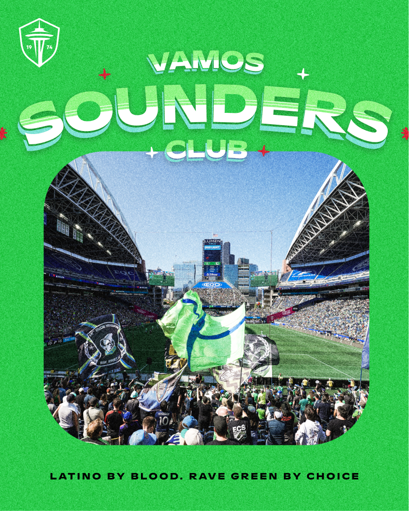 Fans watching a soccer game at Lumen Field in Seattle, WA, with flags and banners, under a bright, clear sky, promoting the Seattle Sounders FC.