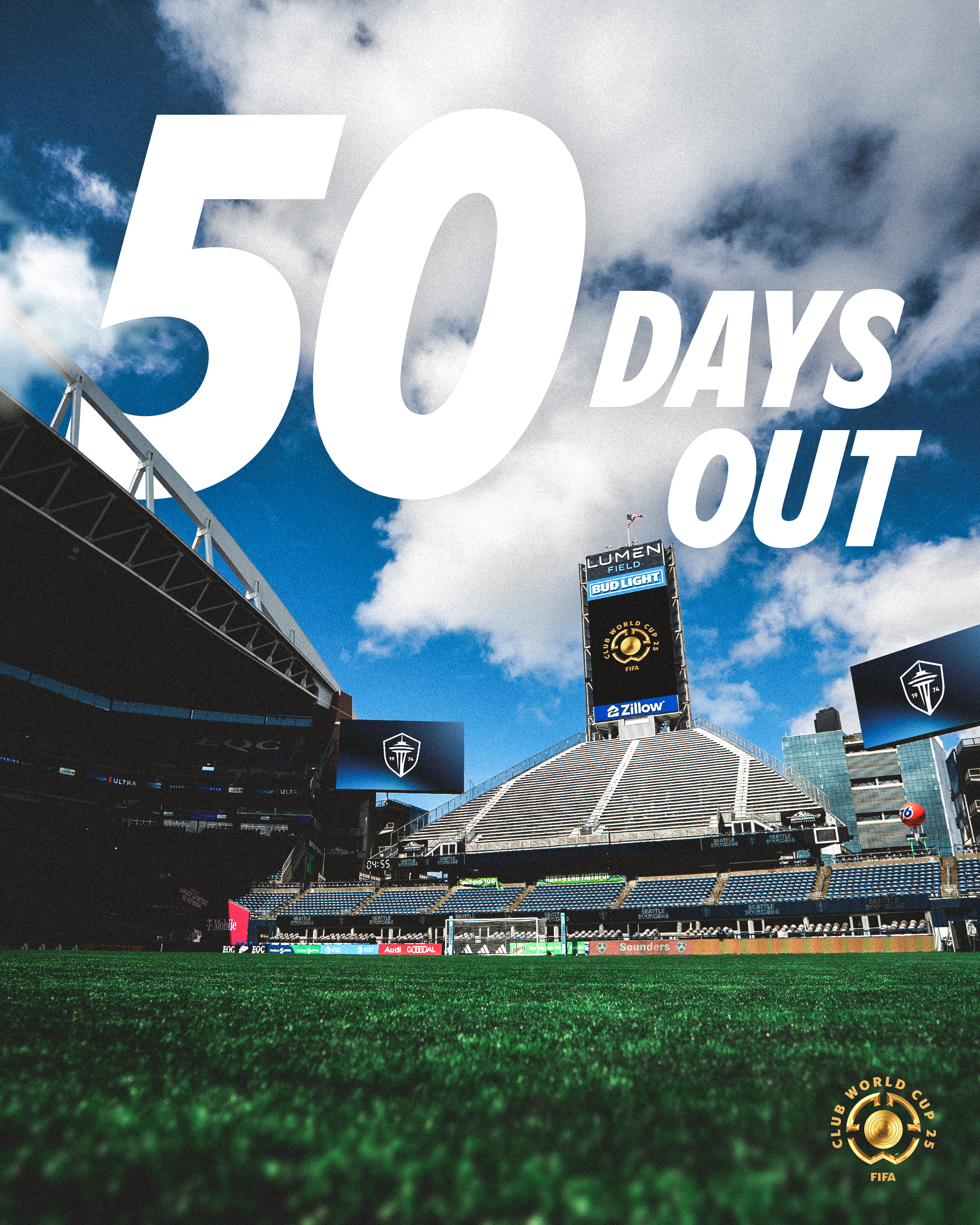 Empty football stadium with the message '50 Days Out' over a blue sky with clouds, and a logo in the bottom right corner reading 'Club World Cup 25 FIFA'.
