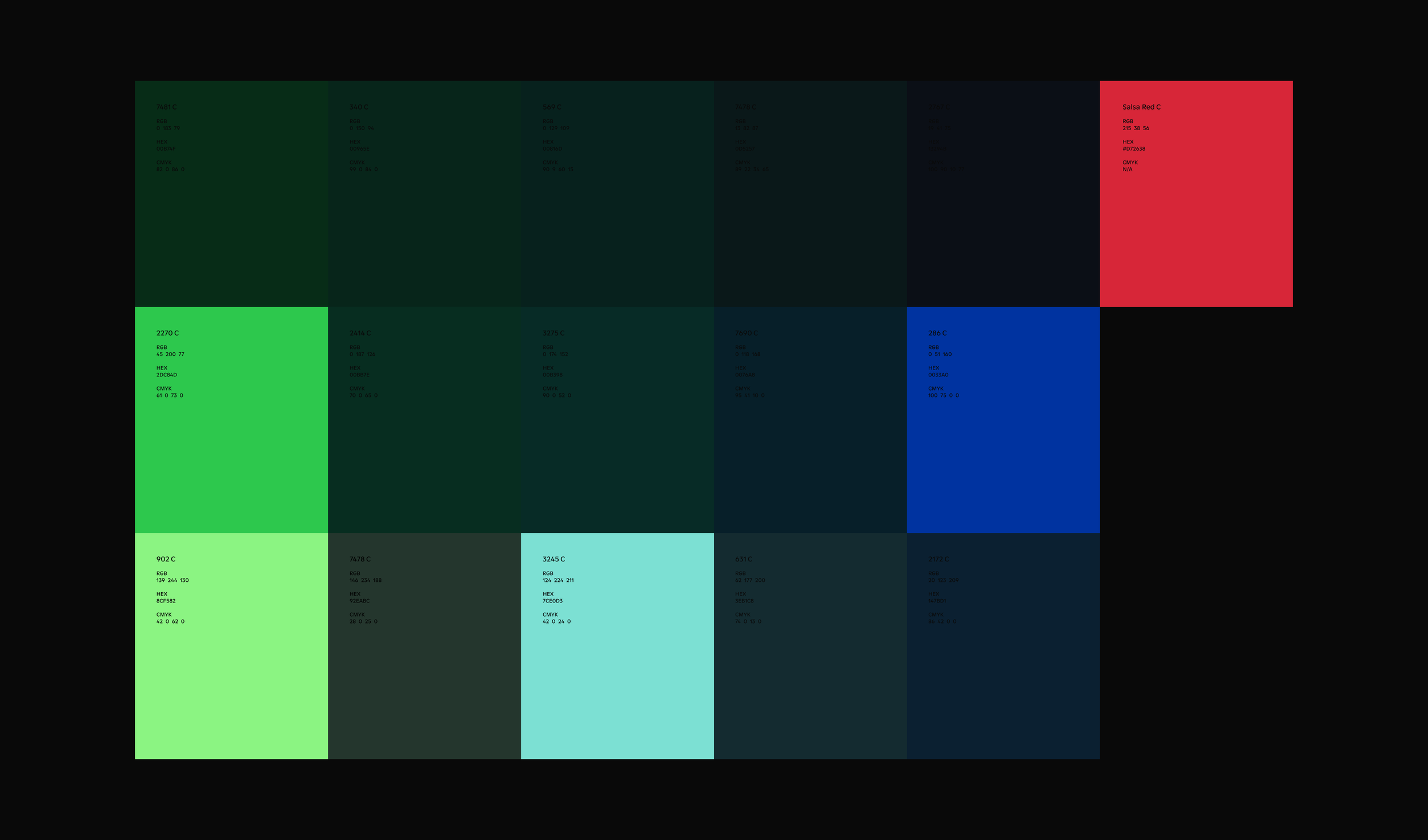 A color palette chart with 15 squares displaying different shades of green, blue, and red, each labeled with color codes, RGB, HEX, and CMYK values.