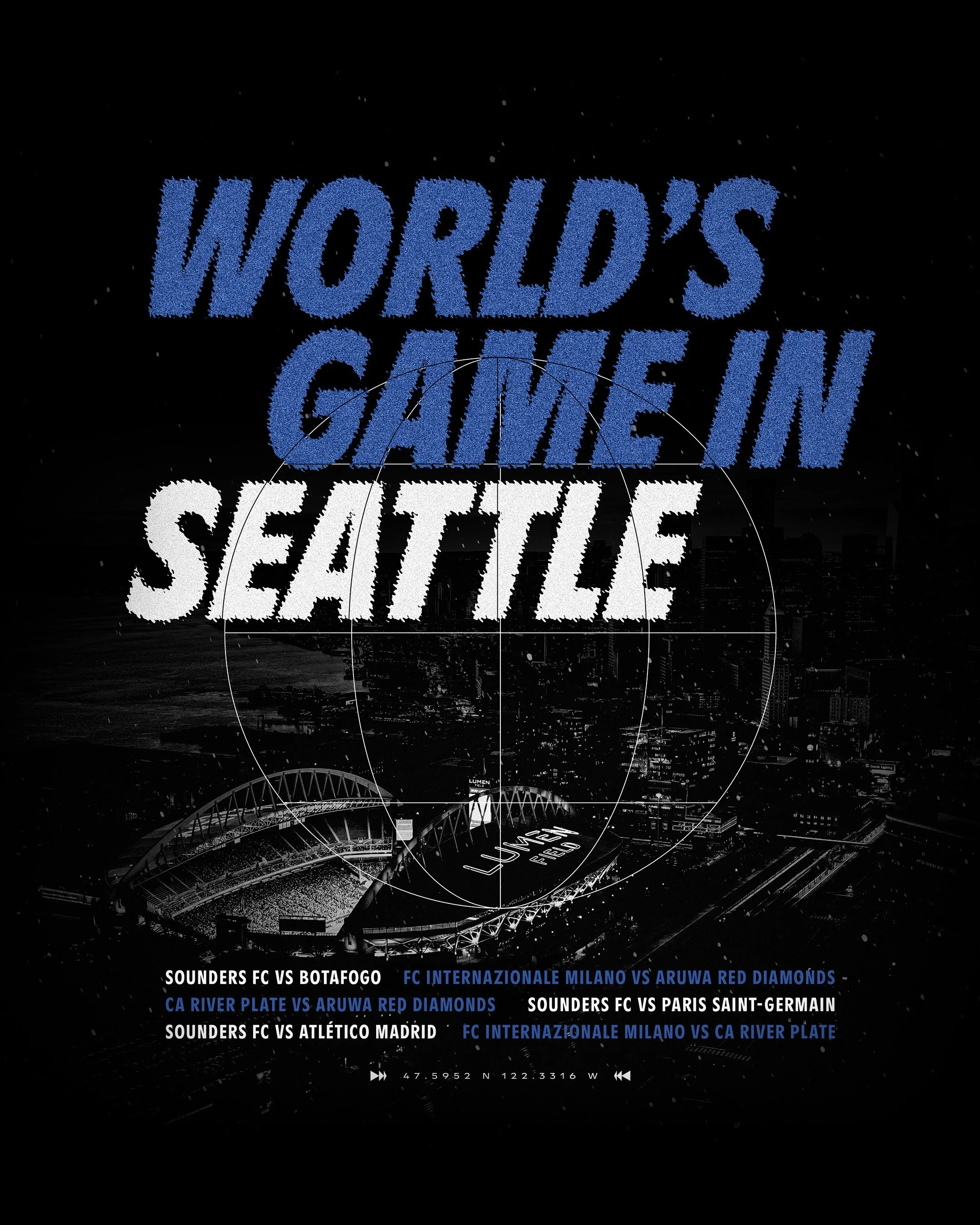 Promotional poster for a soccer tournament featuring matches between Sounders FC and various teams, with a dark cityscape background and large, bold, textured text reading 'Worlds Gaming Seattle'.