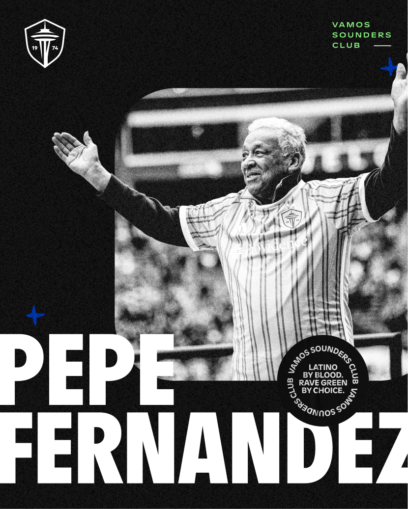Black and white photo of Pepe Fernandez, an elderly man with gray hair, celebrating with arms outstretched while wearing a Cruzeiro soccer jersey. The image includes logos and text referencing the Vamos Sounders Club and Latino by Blood, Rave Green b