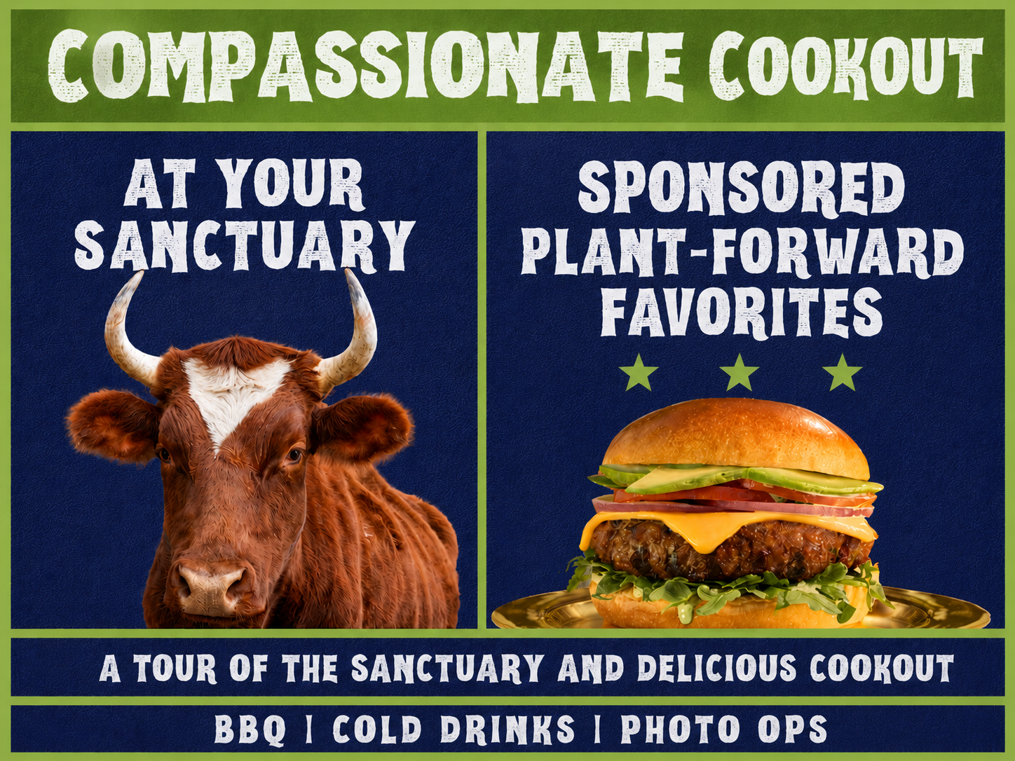 Text reads: "Compassionate Cookout" Photo of cow and plant-based burger below.