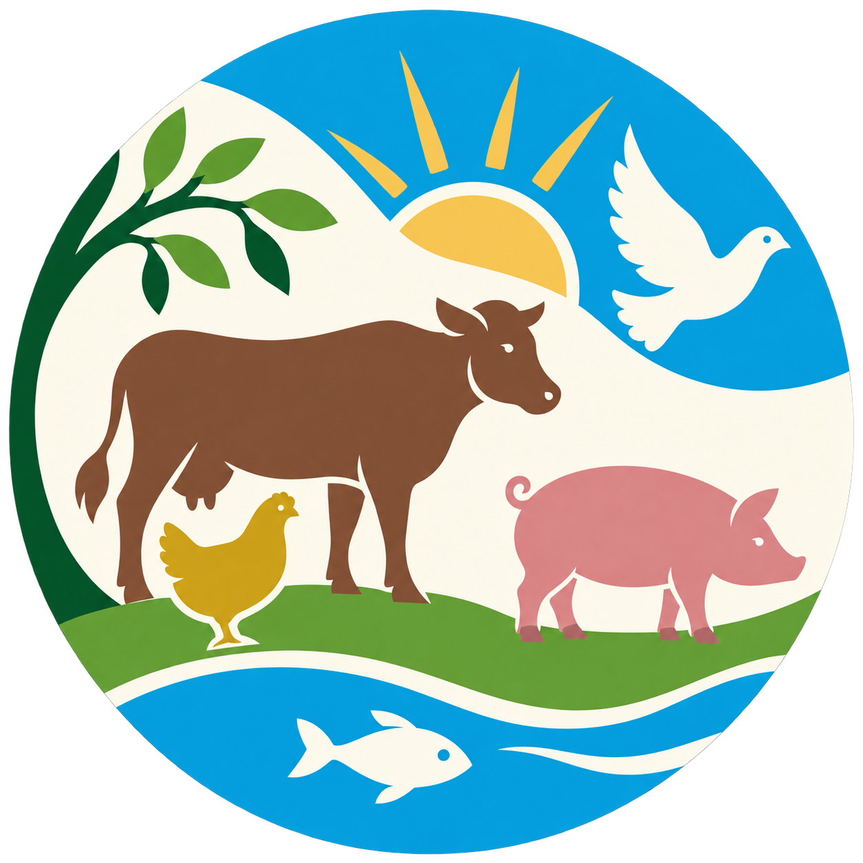 A round Faith for All Creatures™ icon with a cow, pig, chicken, fish, tree, sun, and bird on a green-blue landscape background.