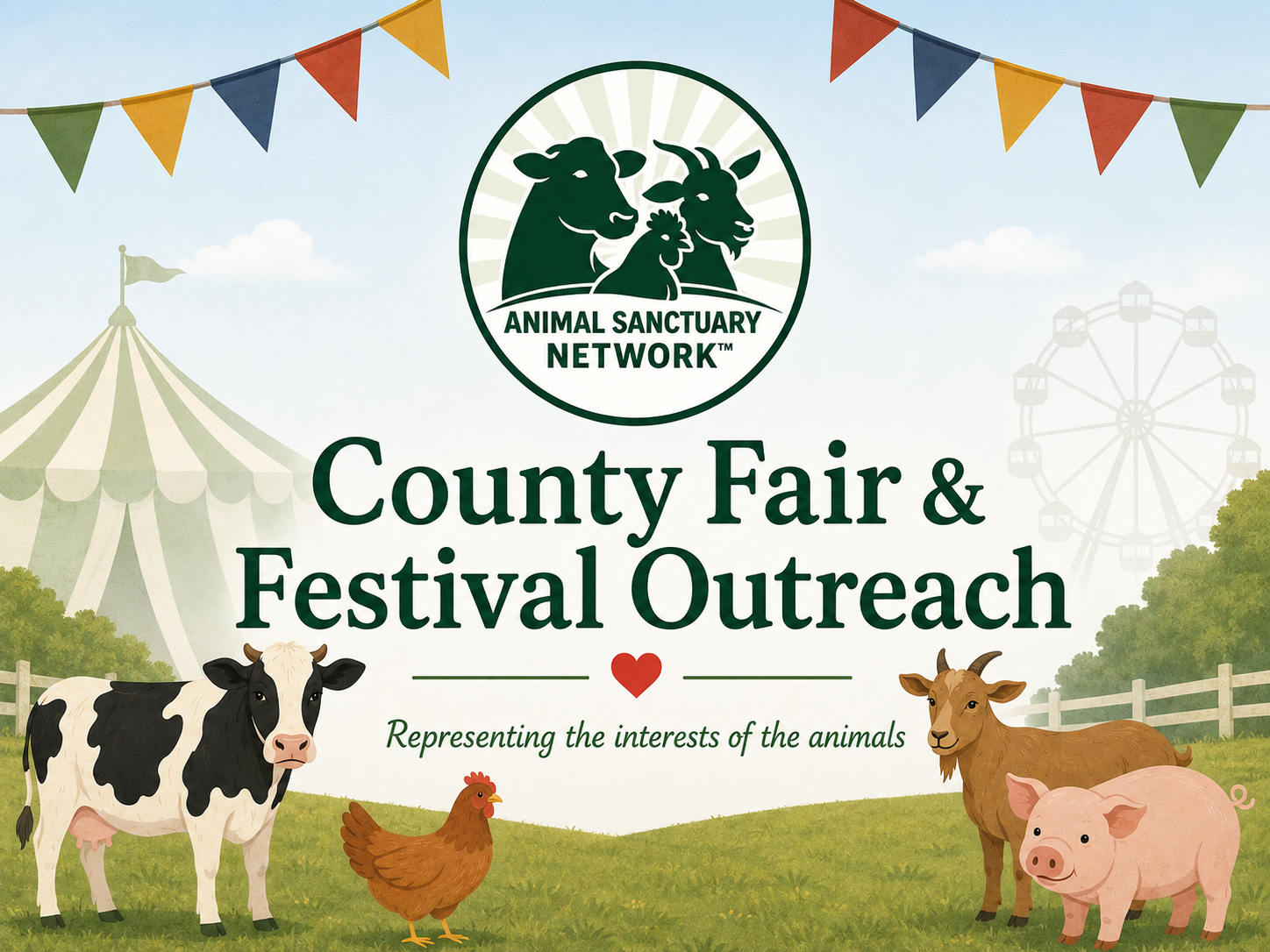 Text reads: "County Fair and Festival Outreach" Photo of cow, sheep, pig and chicken near some festival tents and ferris wheel.