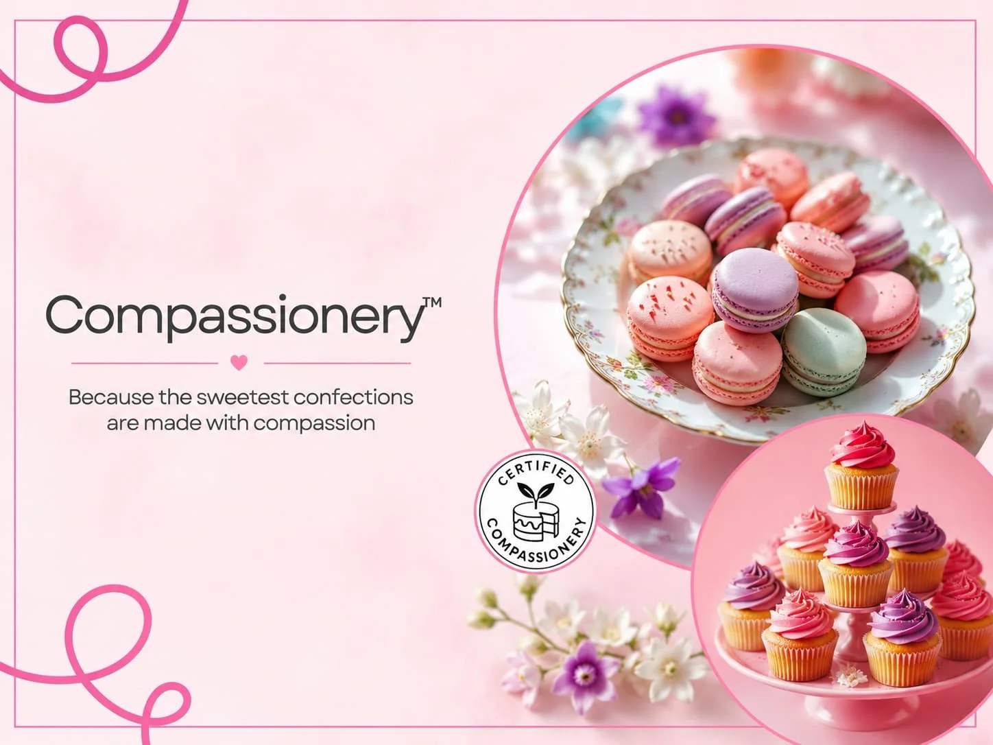 A display of colorful macarons and cupcakes with the text: Compassionery™ Project— Sweet confections made with compassion.