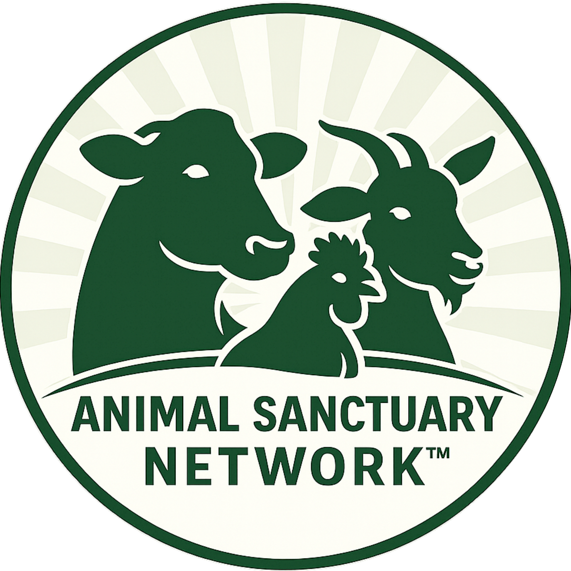 Green silhouettes of a cow, goat, and chicken above the text Animal Sanctuary Network on a light background.