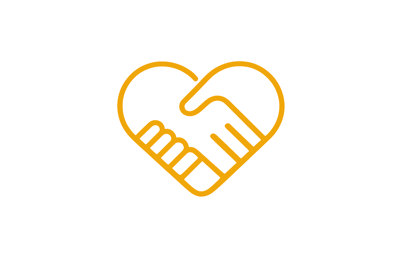 A simple orange line drawing of two hands shaking, forming the shape of a heart, on a light gray background.