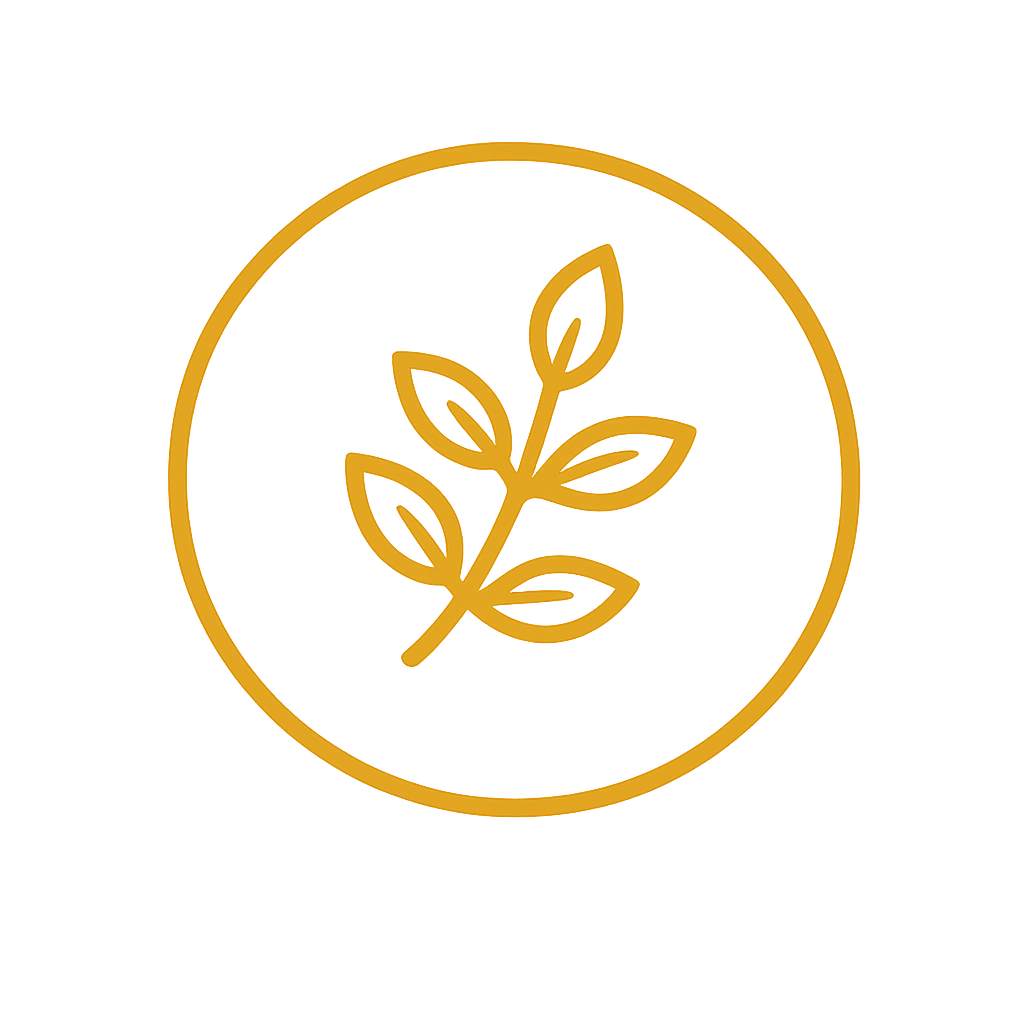 A simple yellow outline of a branch with five leaves inside a yellow circle on a light gray background.