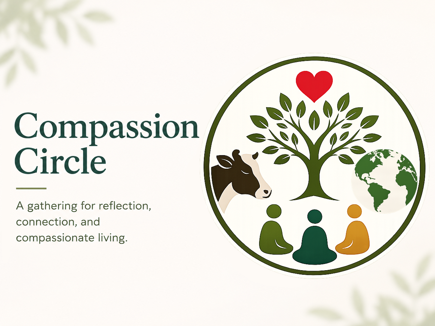 Title text reads "Compassion Circle" with people sitting in a circle surrounded by animals and nature.