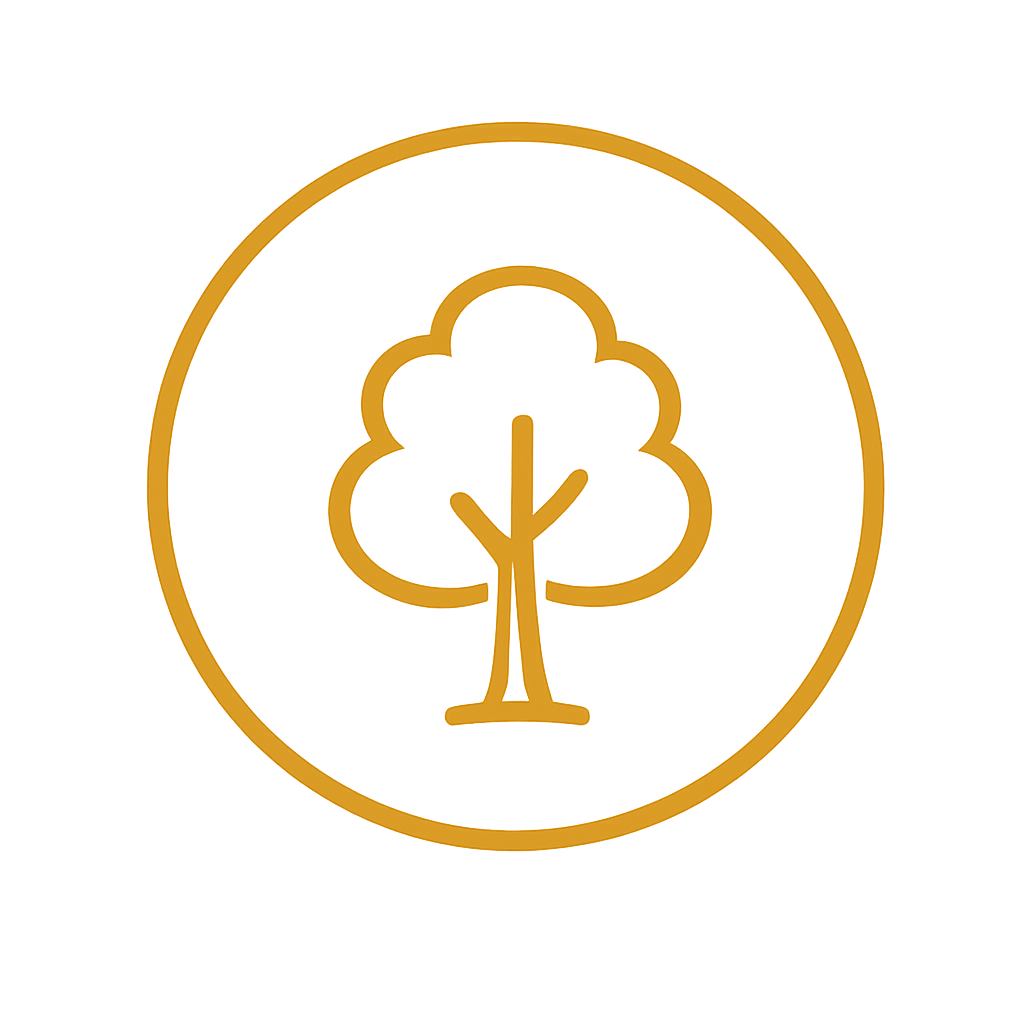 A simple orange tree icon with a circular border on a white background.