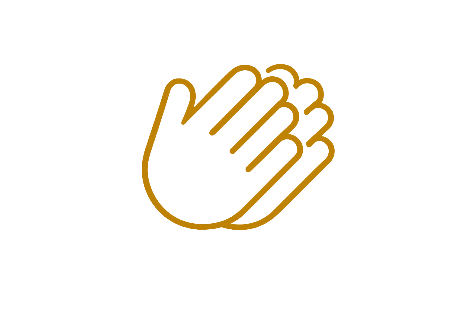 Simple line drawing of two hands clapping, depicted in gold on a plain white background.