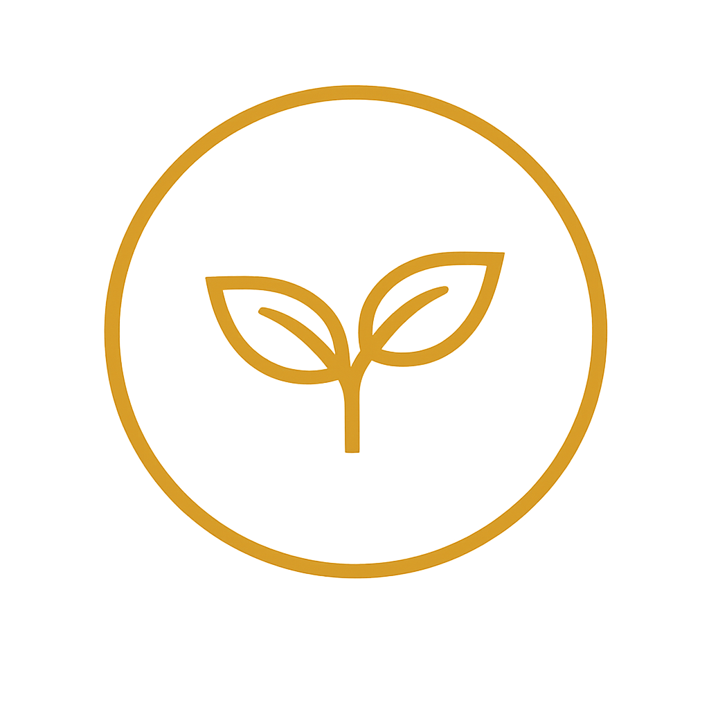 A simple gold outline of a plant with two leaves inside a gold circle on a white background.
