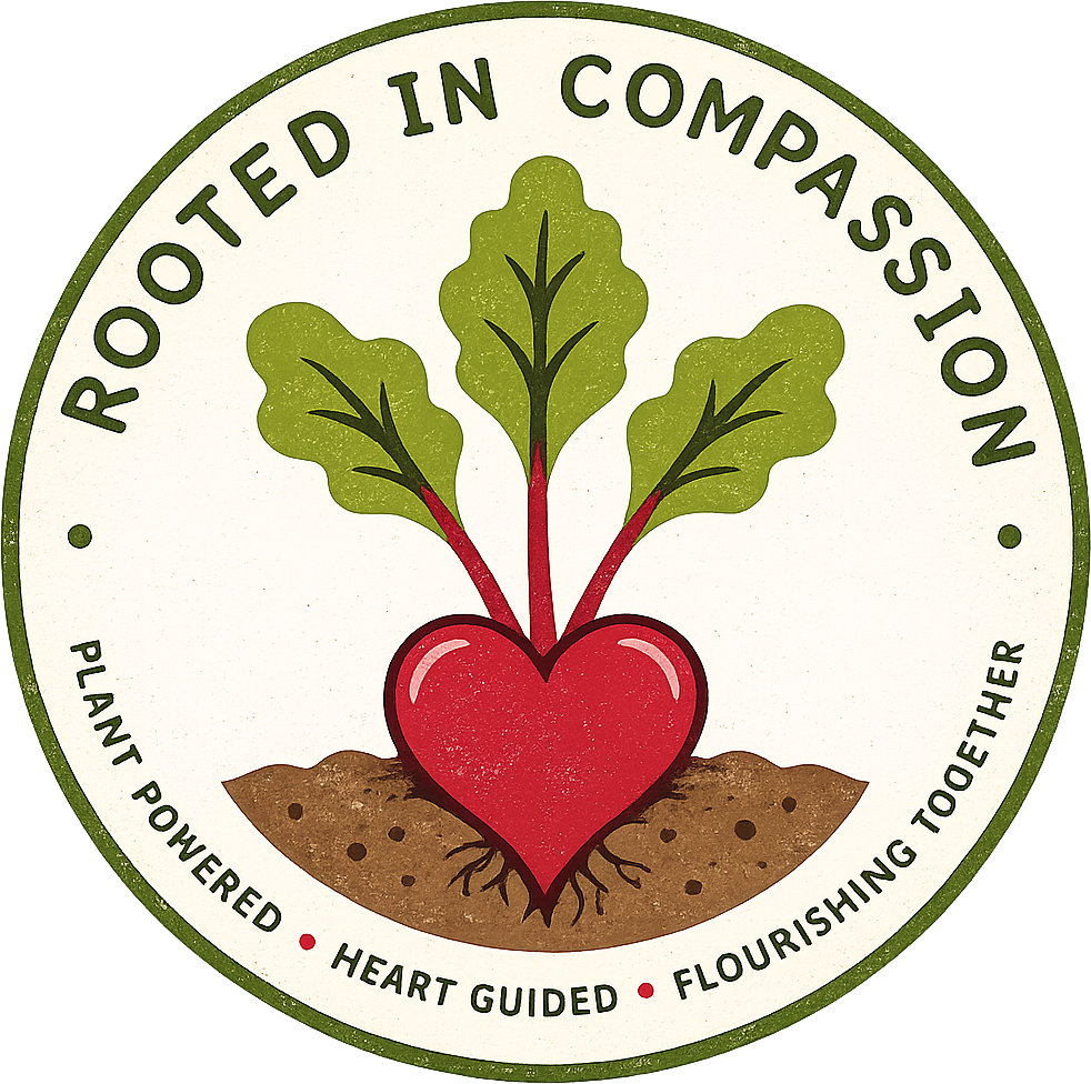 A stylized circular logo for the Rooted in Compassion with a heart-shaped beet rooted in the dirt.