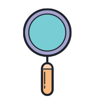 A simple illustration of a magnifying glass with a blue lens and a light brown handle on a gray background.
