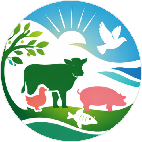 A round Faith for All Creatures™ icon with a cow, pig, chicken, fish, tree, sun, and bird on a green-blue landscape background.