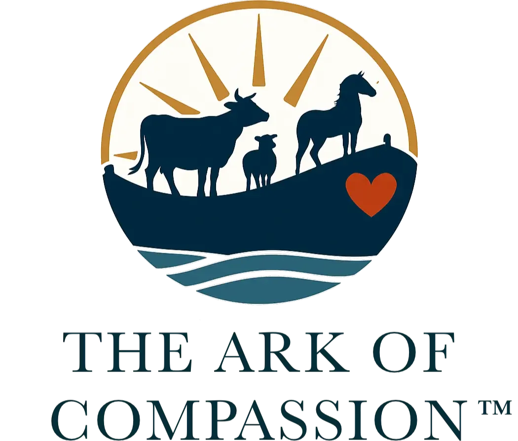 A cow, sheep, and horse stand on an ark with a heart symbol, sun rays above, and waves below.