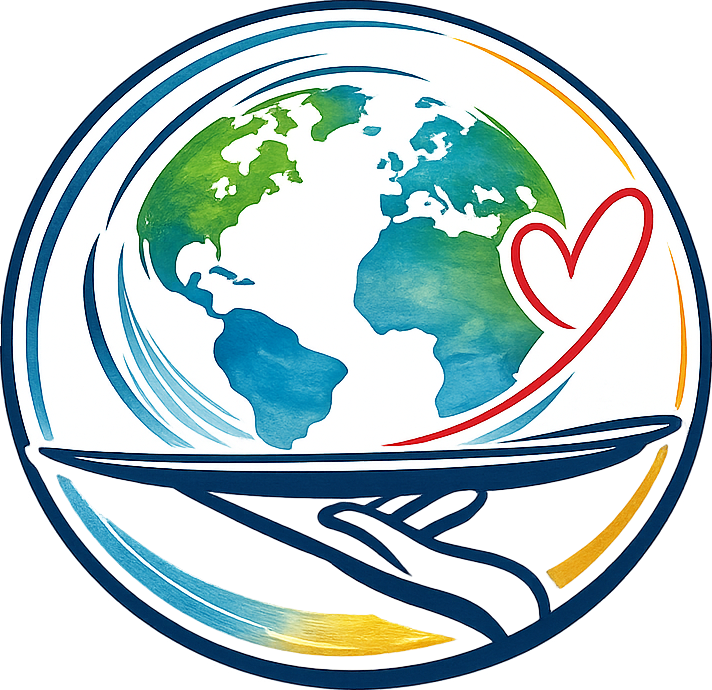 A stylized hand holds a platter with the Earth and a heart, symbolizing global care, Served with Compassion™.