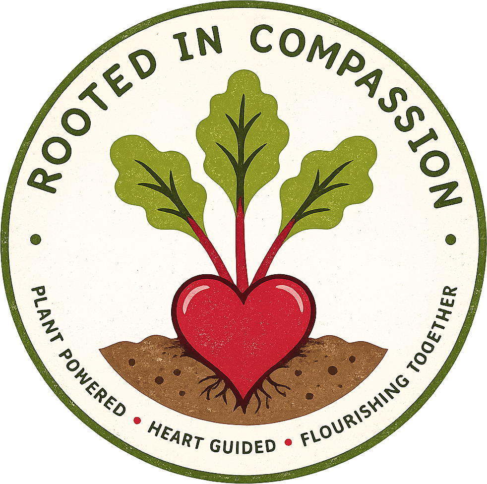 A stylized circular logo for the Rooted in Compassion with a heart-shaped beet rooted in the dirt.