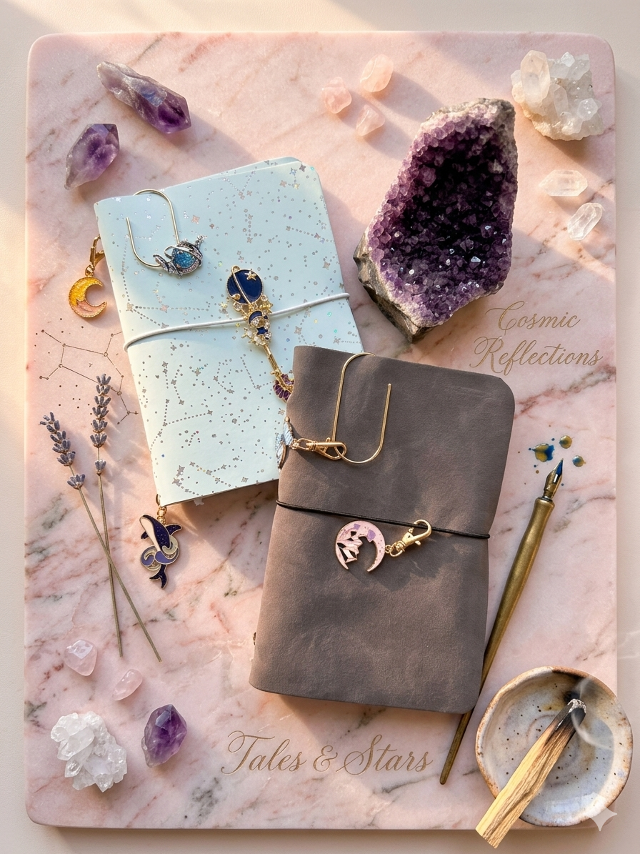 A pink marble surface displaying two notebooks with cosmic-themed jewelry, amethyst and quartz crystals, lavender sprigs, a gold pen, and a small dish, all arranged with a spiritual and celestial aesthetic.