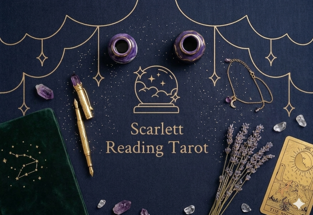 Tarot deck, crystal points, gold pen, purple rocks, lavender bouquet, necklace, and tarot card on a dark blue background with gold celestial illustrations and the text "Scarlett Reading Tarot."
