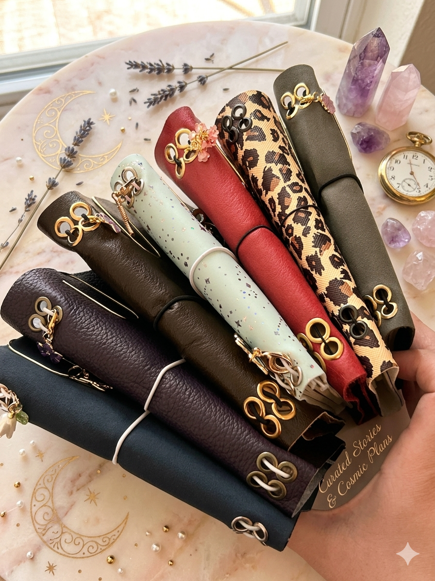 Hand holding a collection of six rolled-up journals with decorative binder clips, on a marble surface with purple crystals, lavender sprigs, and a gold pocket watch.