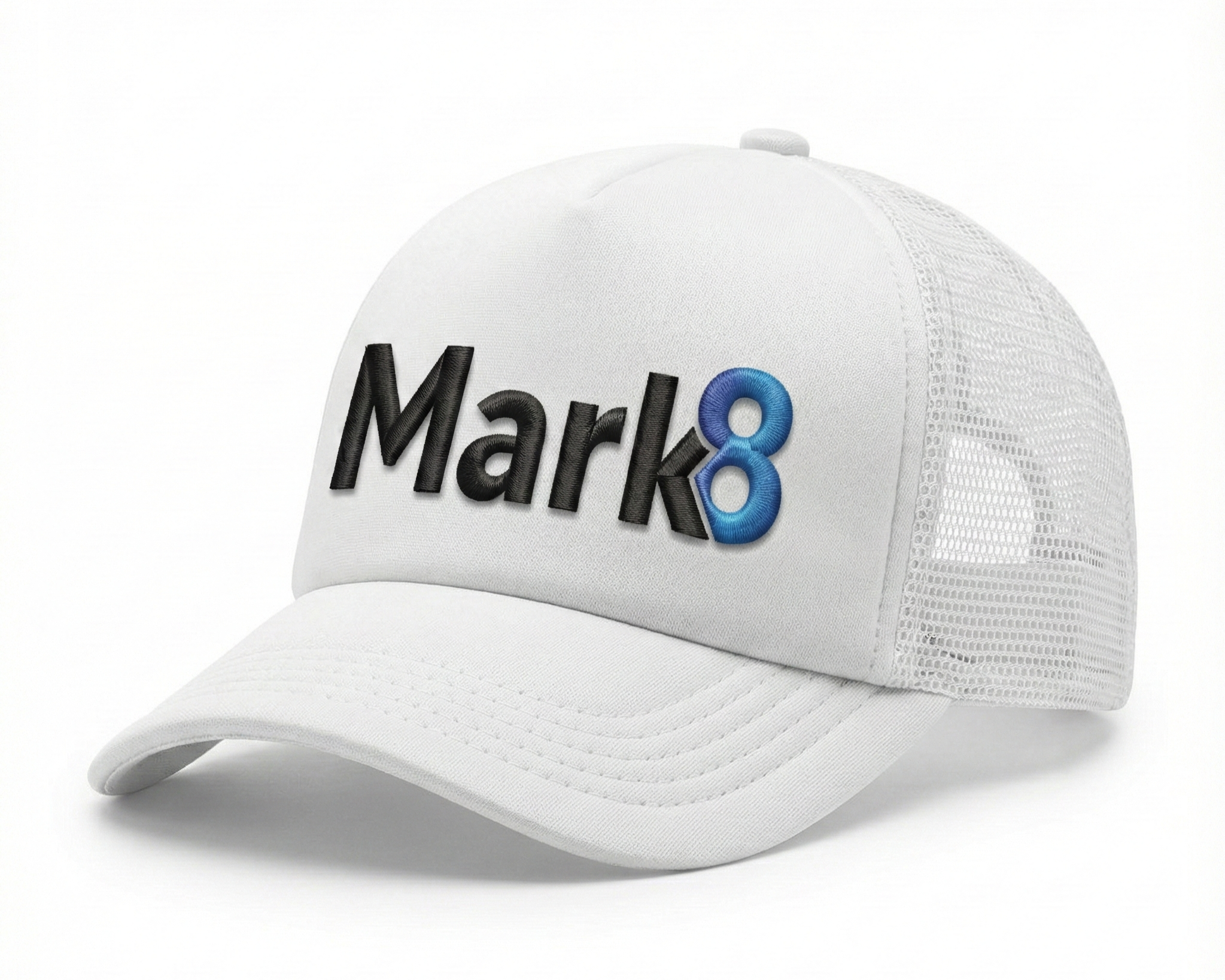 White Richardson-style trucker hat with structured crown, mesh back, and dimensional embroidery. Built for brands seeking clean contrast and high visibility across casual settings.