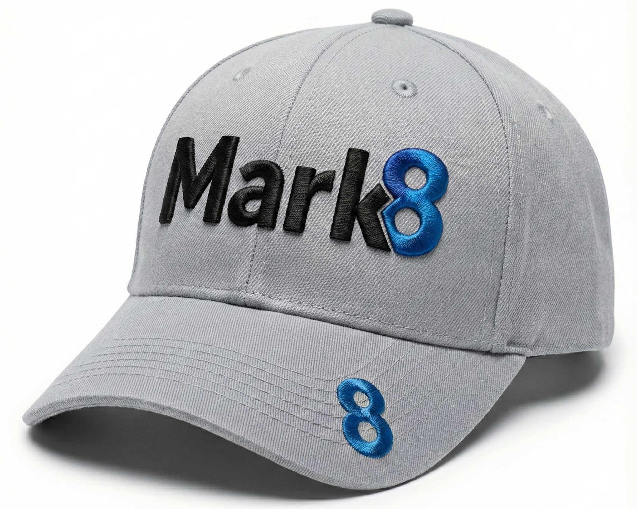 Classic grey structured baseball cap with curved brim and dimensional embroidery. Designed for brands that prioritize consistency, versatility, and long-term wear.