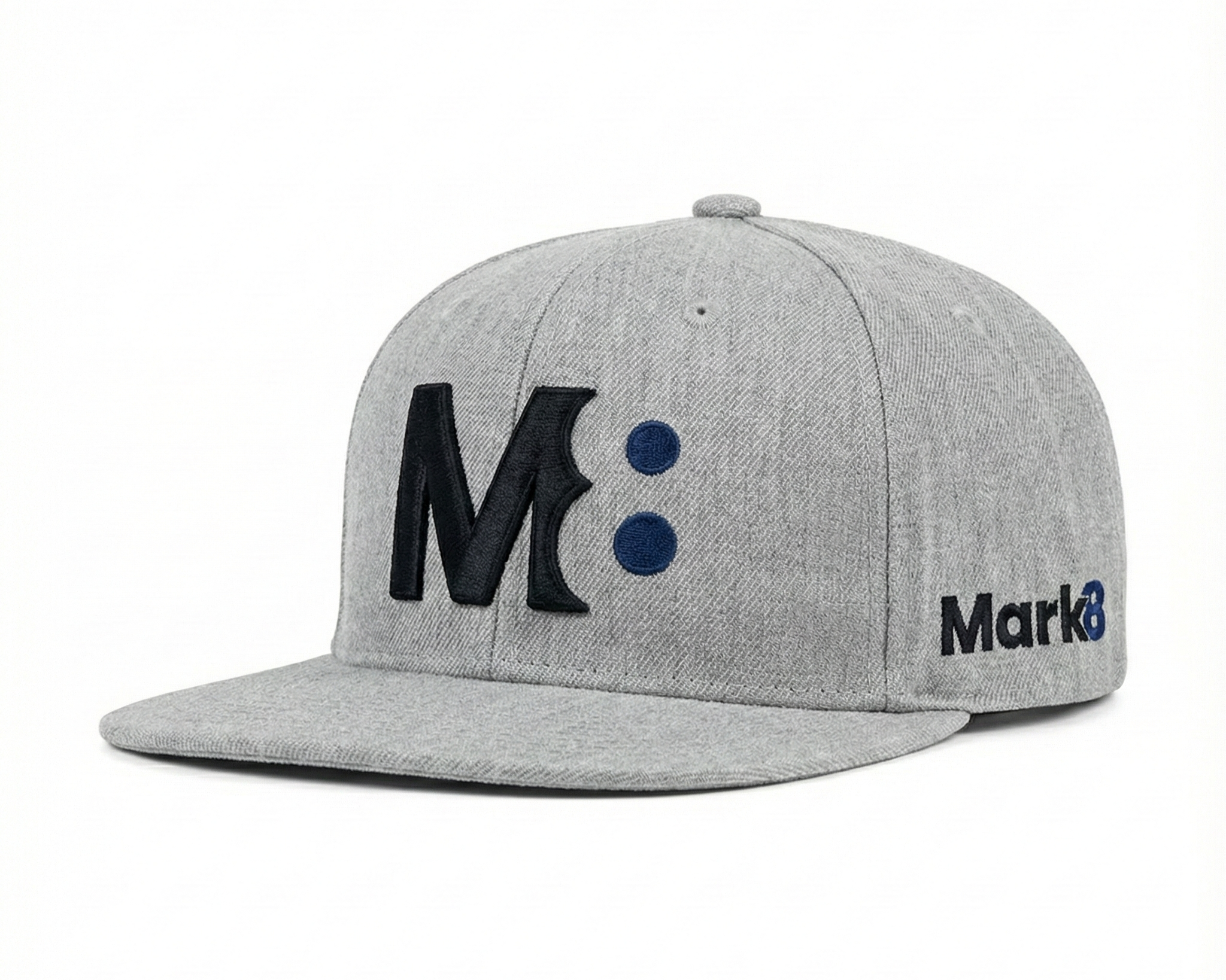 Heather grey flat brim snapback with structured crown and premium embroidery. A versatile style built for modern brands seeking understated, everyday wearability.