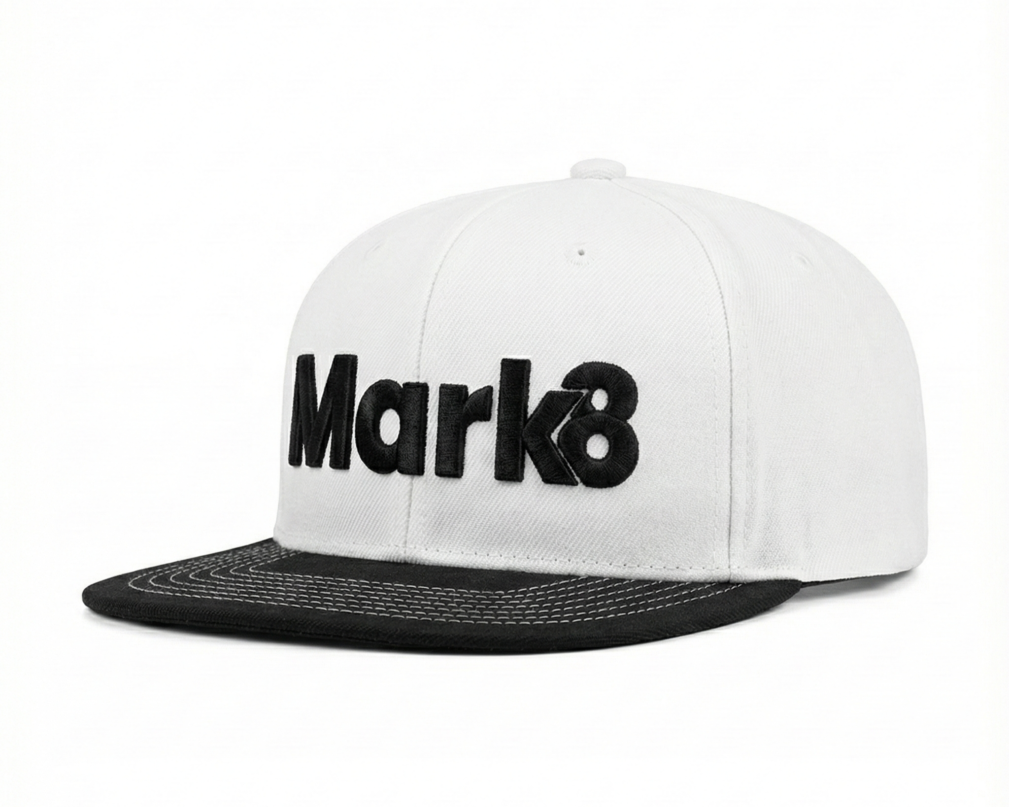 Clean white flat brim snapback with structured profile and bold embroidery. Ideal for brands looking to make a sharp, modern statement in premium headwear.