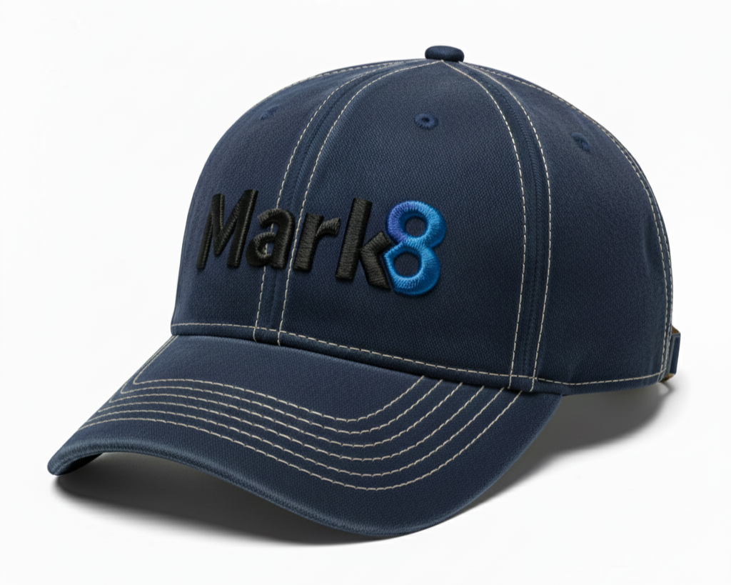 Navy structured baseball cap with curved brim, contrast stitching, and raised embroidery. Designed for everyday brand visibility with a polished, professional look.