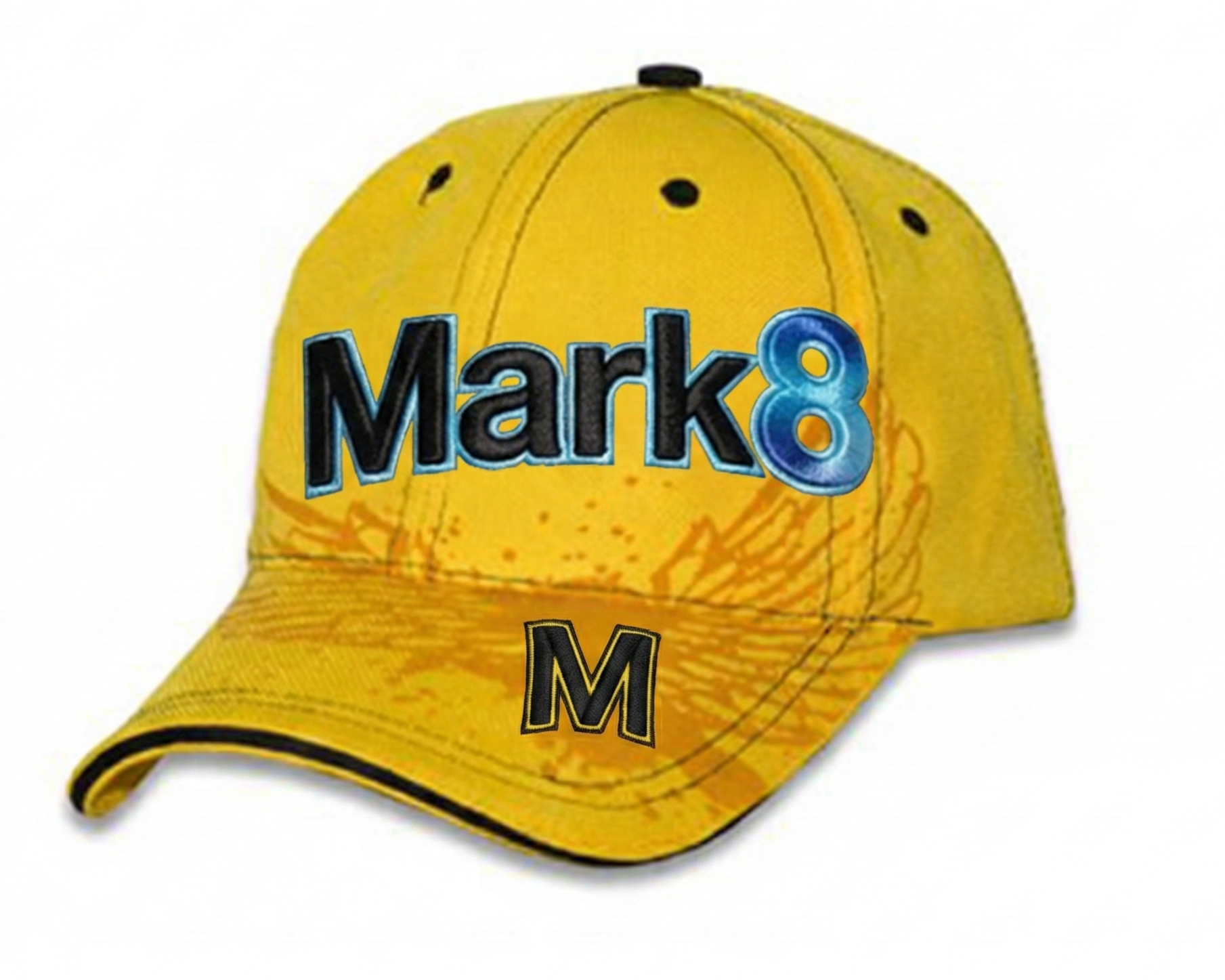 Bold yellow baseball cap with curved brim, patterned detailing, and raised embroidery. Ideal for brands that want high visibility without sacrificing everyday wearability.