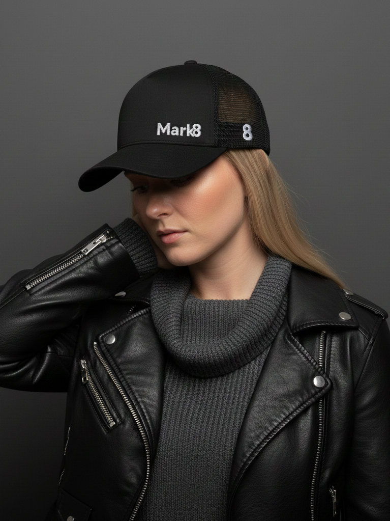 Woman looking away wearing a black Richardson style trucker hat