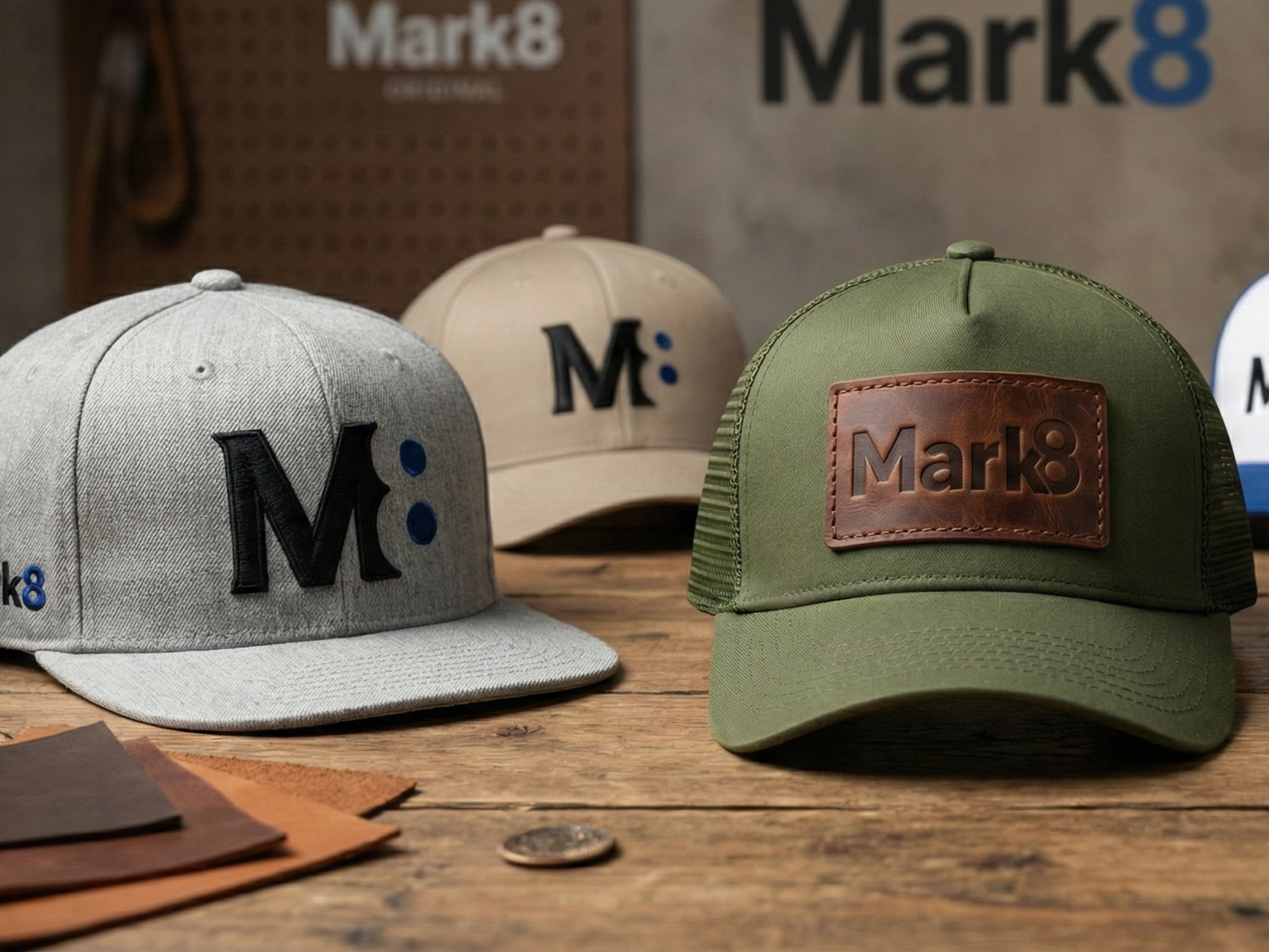 Three hats with logos reading 'Mark8' on a wooden surface, with fabric swatches and a coin nearby.
