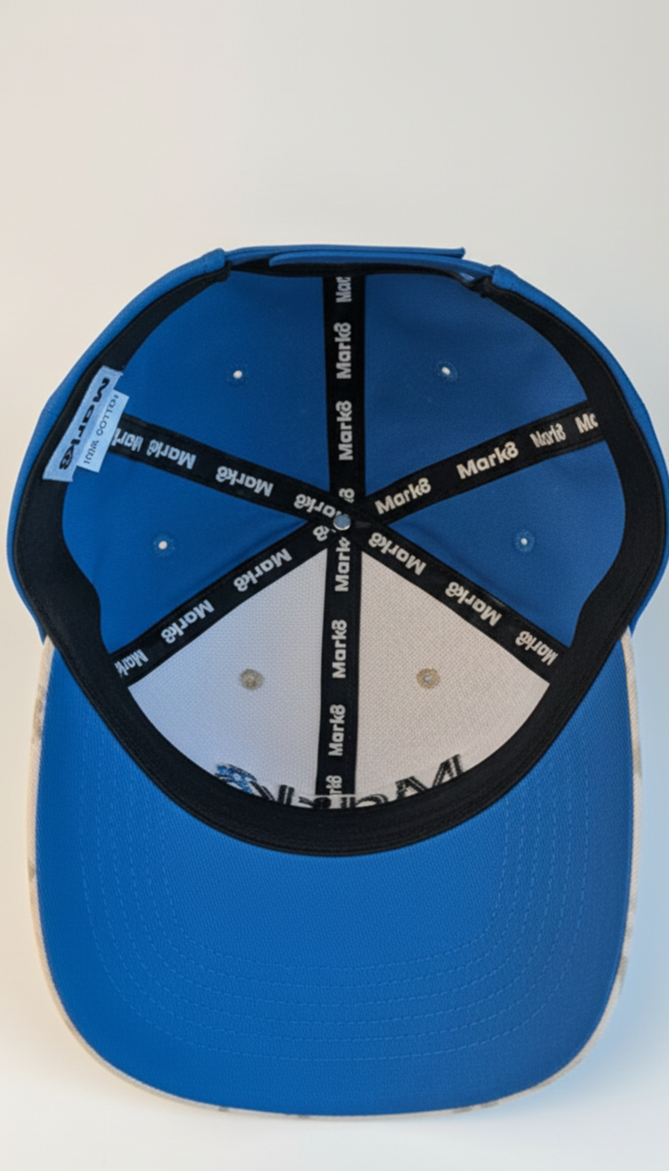 Blue and white baseball cap turned upside down, showing the inside lining and adjustable strap.