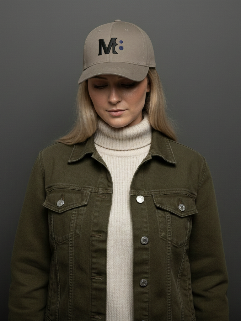 Woman looking down wearing a taupe baseball cap.png
