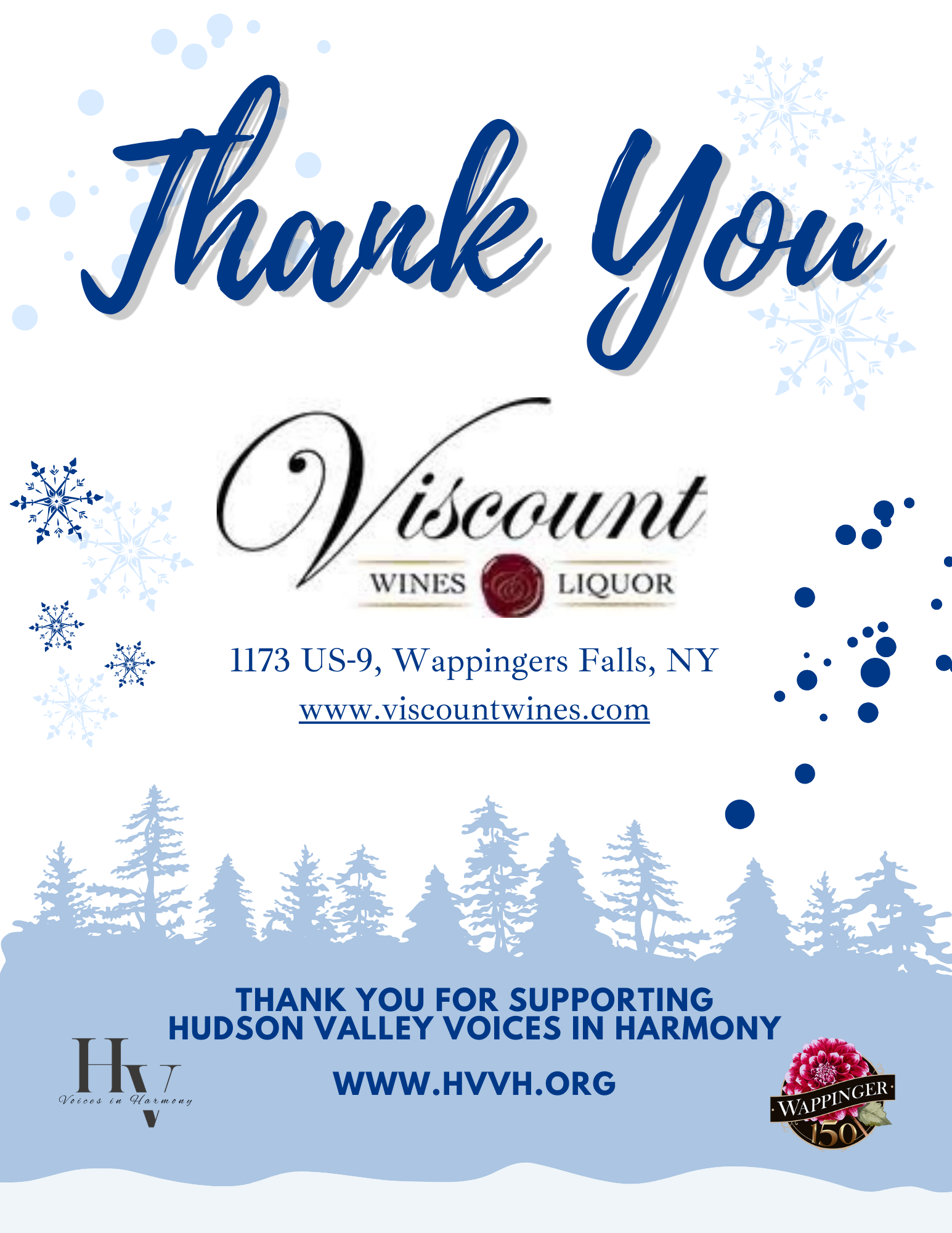 Thank you card from Viscount Wines Liquor, Wappingers Falls, NY, with a winter theme of snowflakes and pine trees, expressing gratitude for supporting Hudson Valley Voices in Harmony, with contact information and logos.