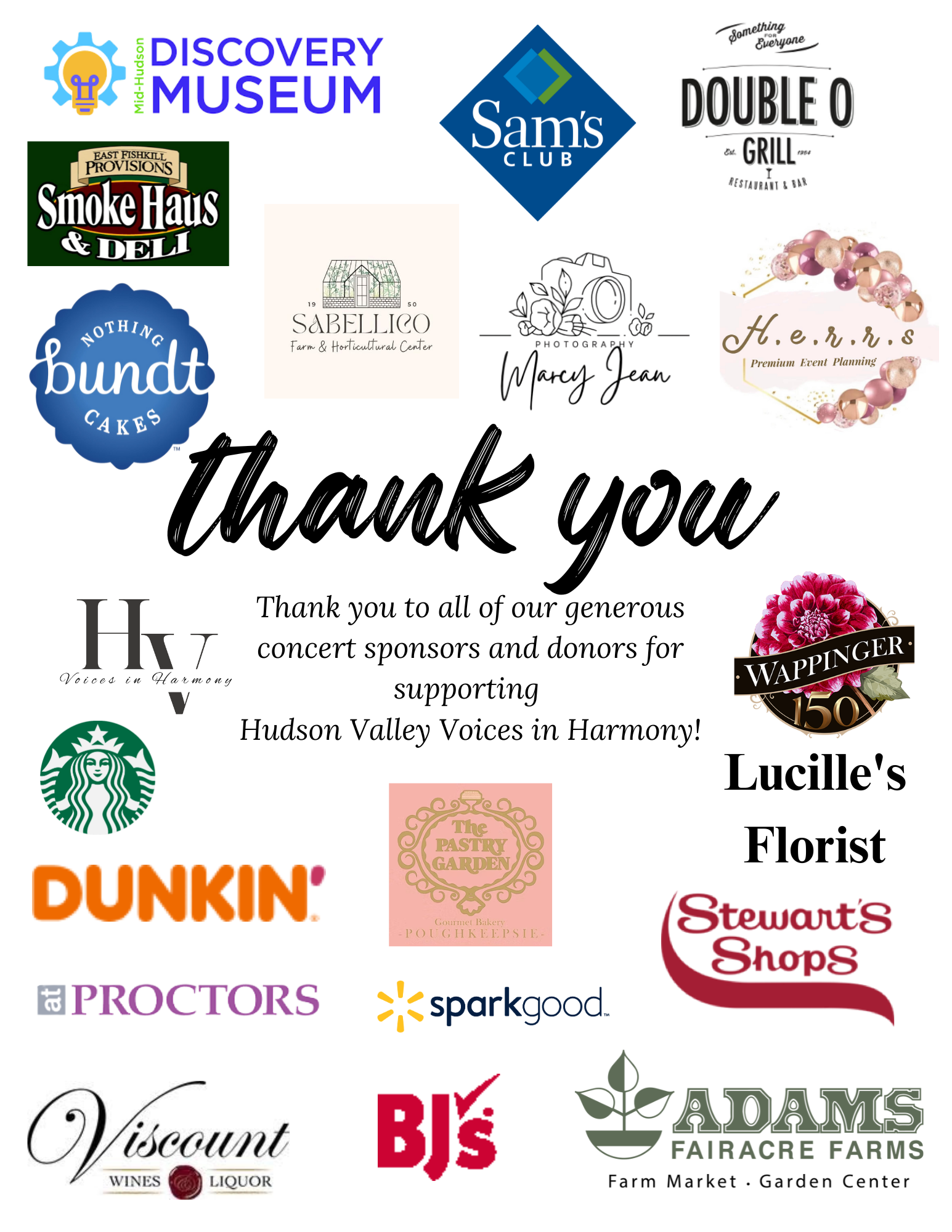 A thank you message from Hudson Valley Voices in Harmony with logos of sponsors and supporters, including Discovery Museum, Sam's Club, Double O Grill, Smoke Haus & Deli, Sabellico Farm, Marcy Jean Photography, H.E.N.R.S Premium Event Planning, Wappinger, Lucille's Florist, Stewart's Shops, Adam's Fairacre Farms, BJs, Proctors, Dunkin', and Viscourt Wines and Liquor.