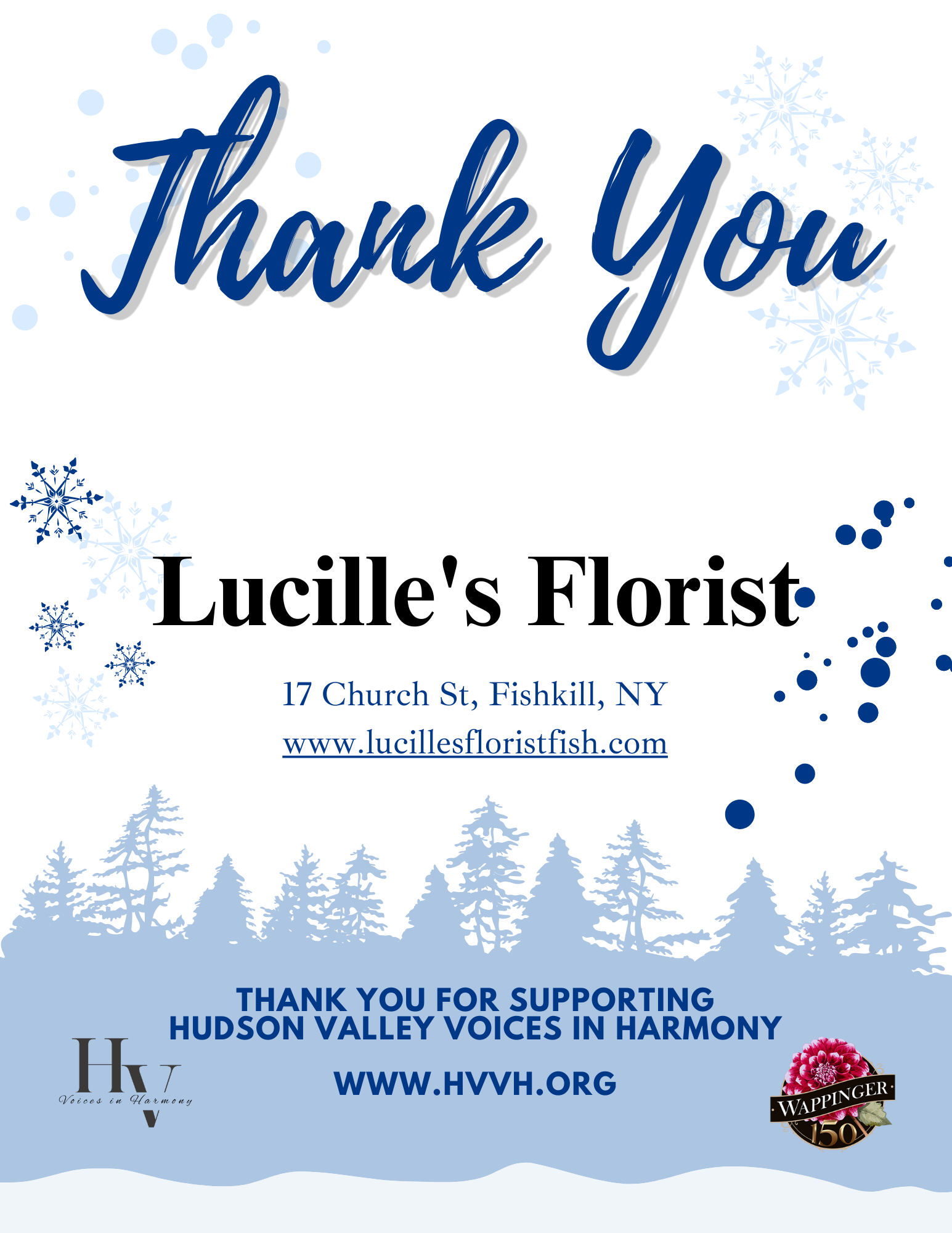 A thank you card featuring snowflakes and trees. It is from Lucille's Florist, located at 17 Church St, Fishkill, NY, and supports Hudson Valley Voices in Harmony.