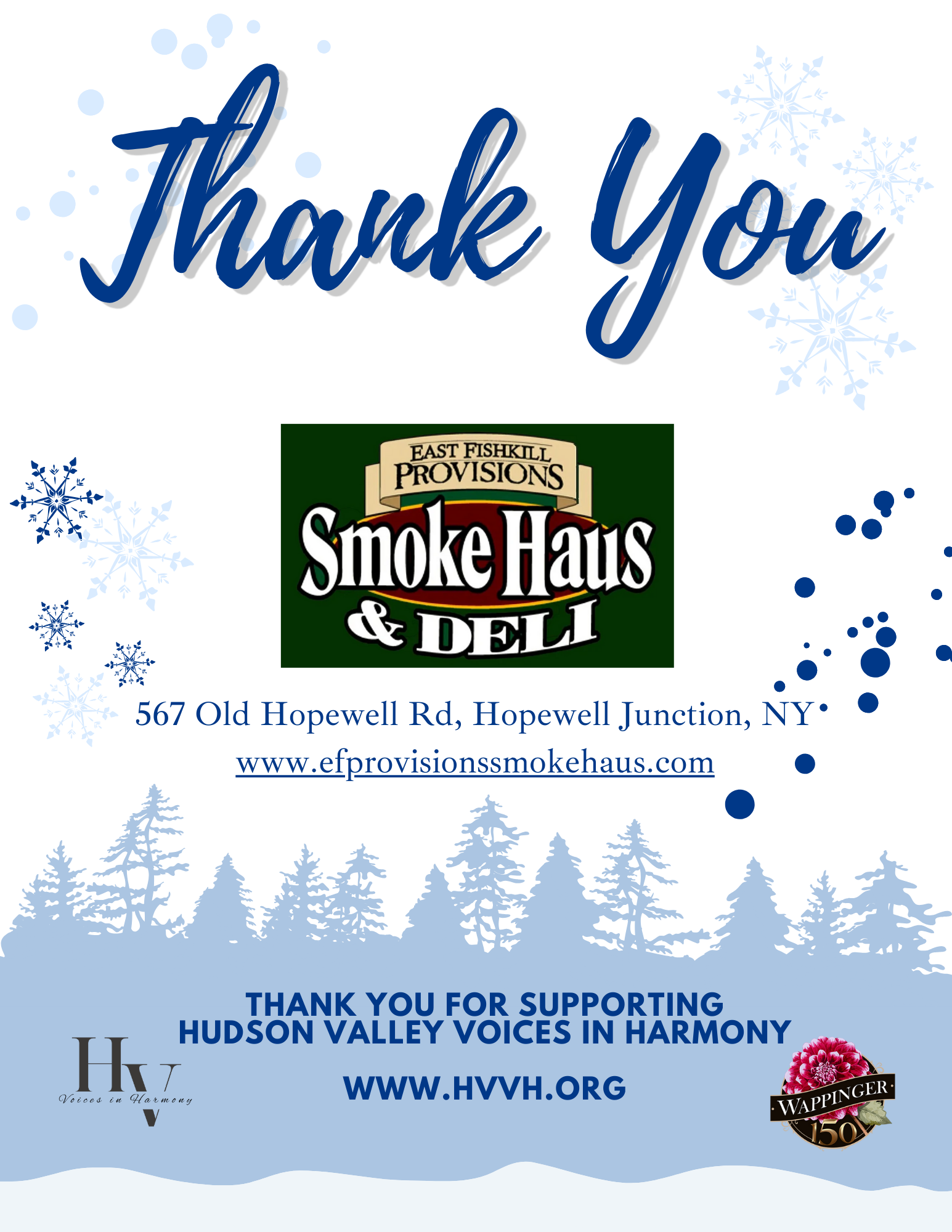 Thank you card with snowflakes and trees, logo of Smoke Haus & Deli, address, website, and message of thanks for supporting Hudson Valley Voices in Harmony.