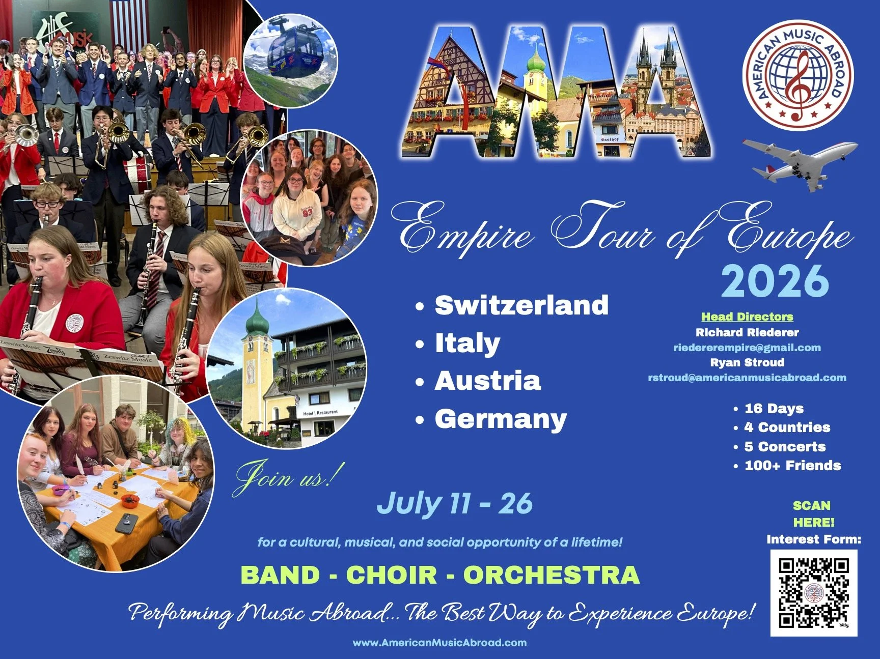 A promotional poster for the American Music Abroad Empire Tour of Europe 2026, featuring images of students performing music, a cable car, scenic European locations, and a hotel. Text details the tour destinations including Switzerland, Italy, Austria, and Germany, the dates July 11-26, and highlights activities like band, choir, and orchestra performances.