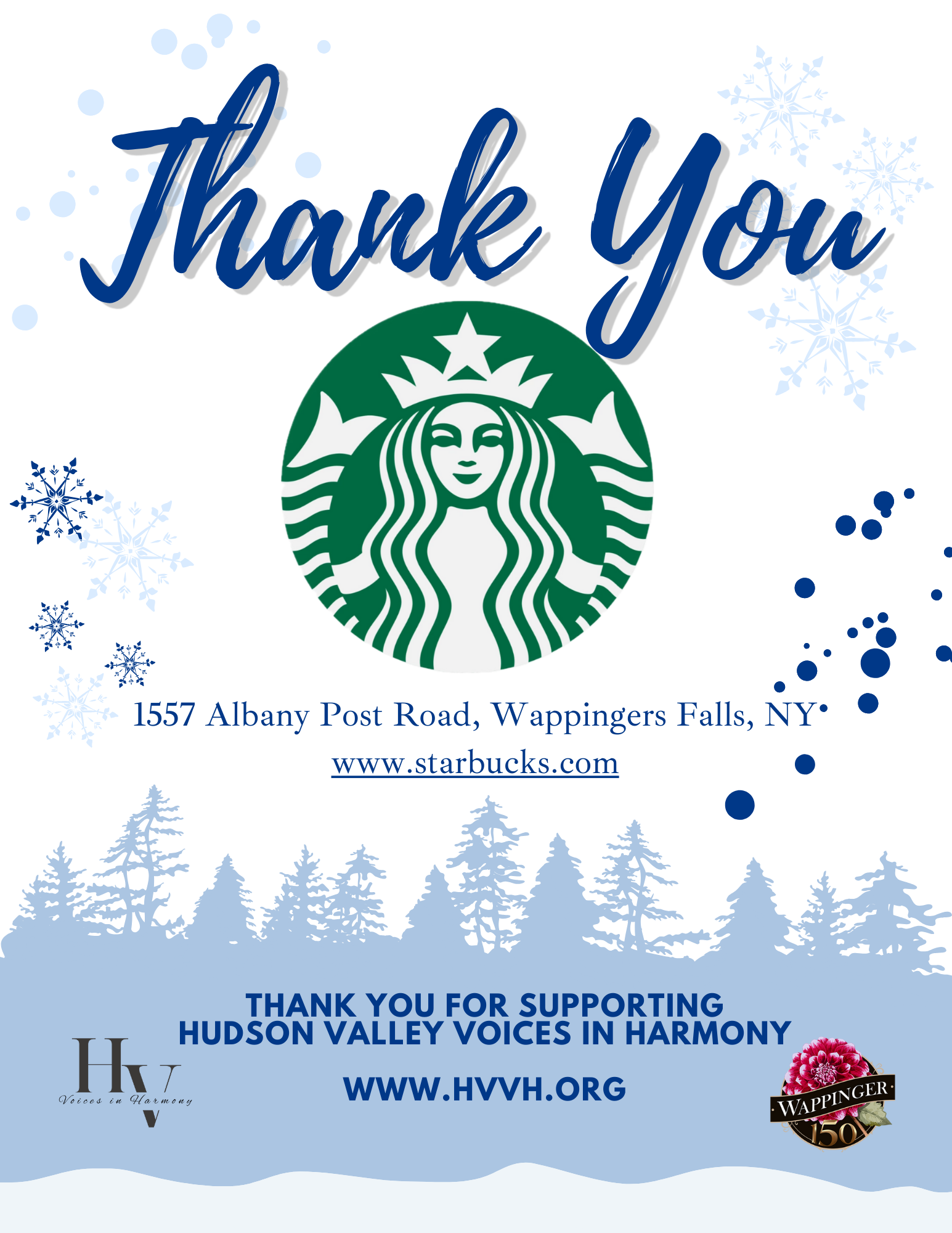 A thank you card featuring the Starbucks logo, snowflakes, pine trees, and supporting Hudson Valley Voices in Harmony, with contact information and website.