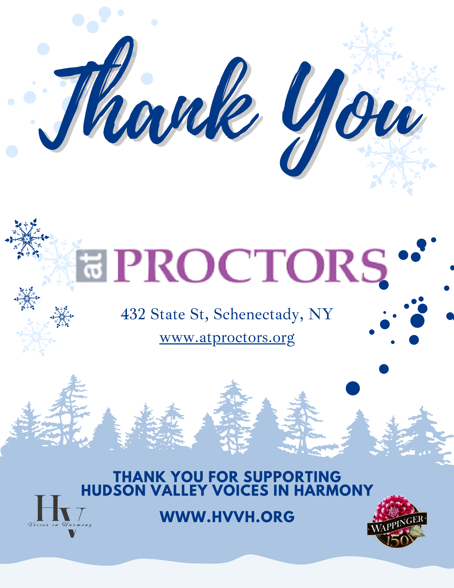 Thank you at Proctors, including location, website, and sponsorship details, with snowflake and forest background.