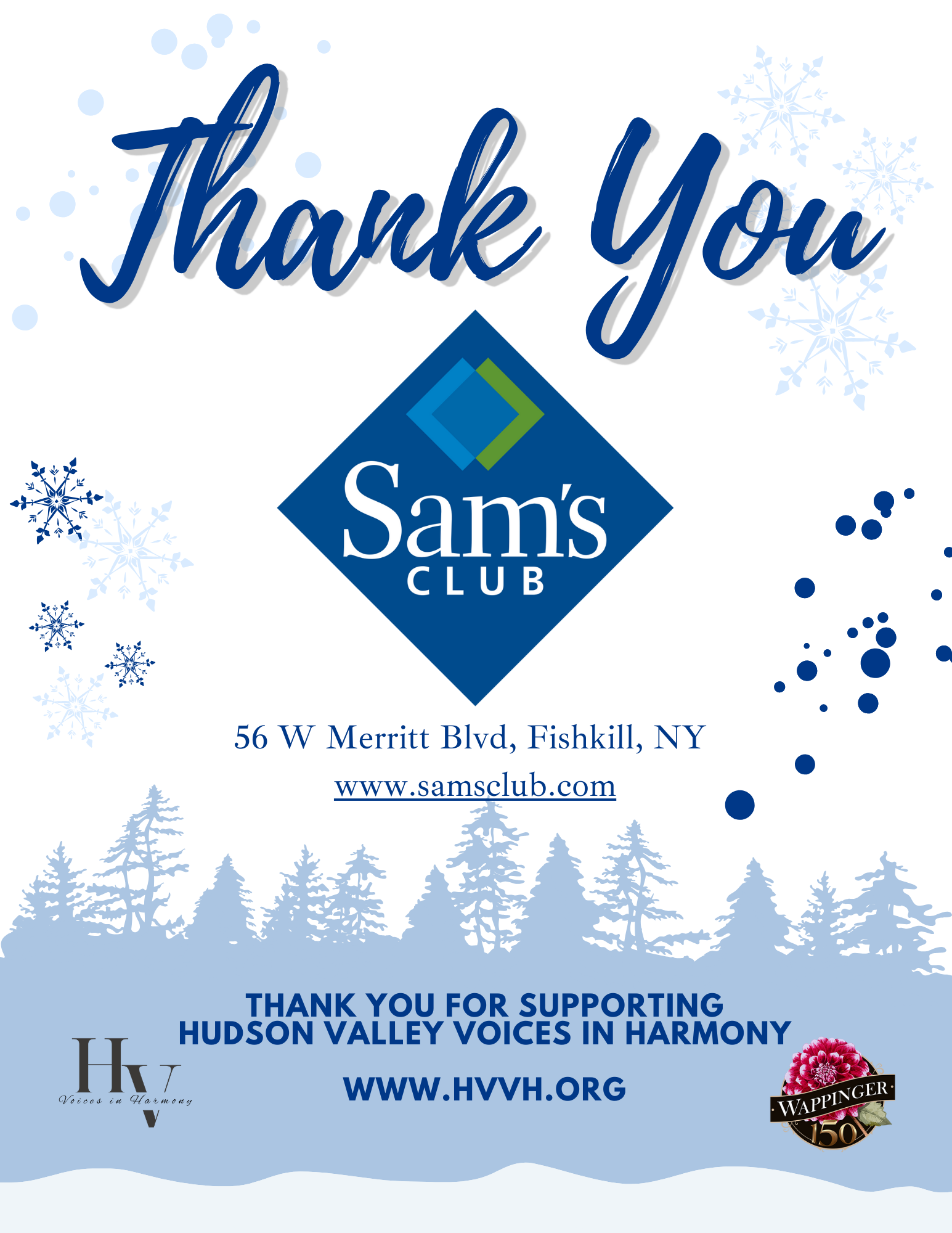 Thank you card from Sam's Club featuring snowflakes and trees, with message supporting Hudson Valley Voices in Harmony, and logos including Wappinger 150th anniversary and Voices in Harmony.
