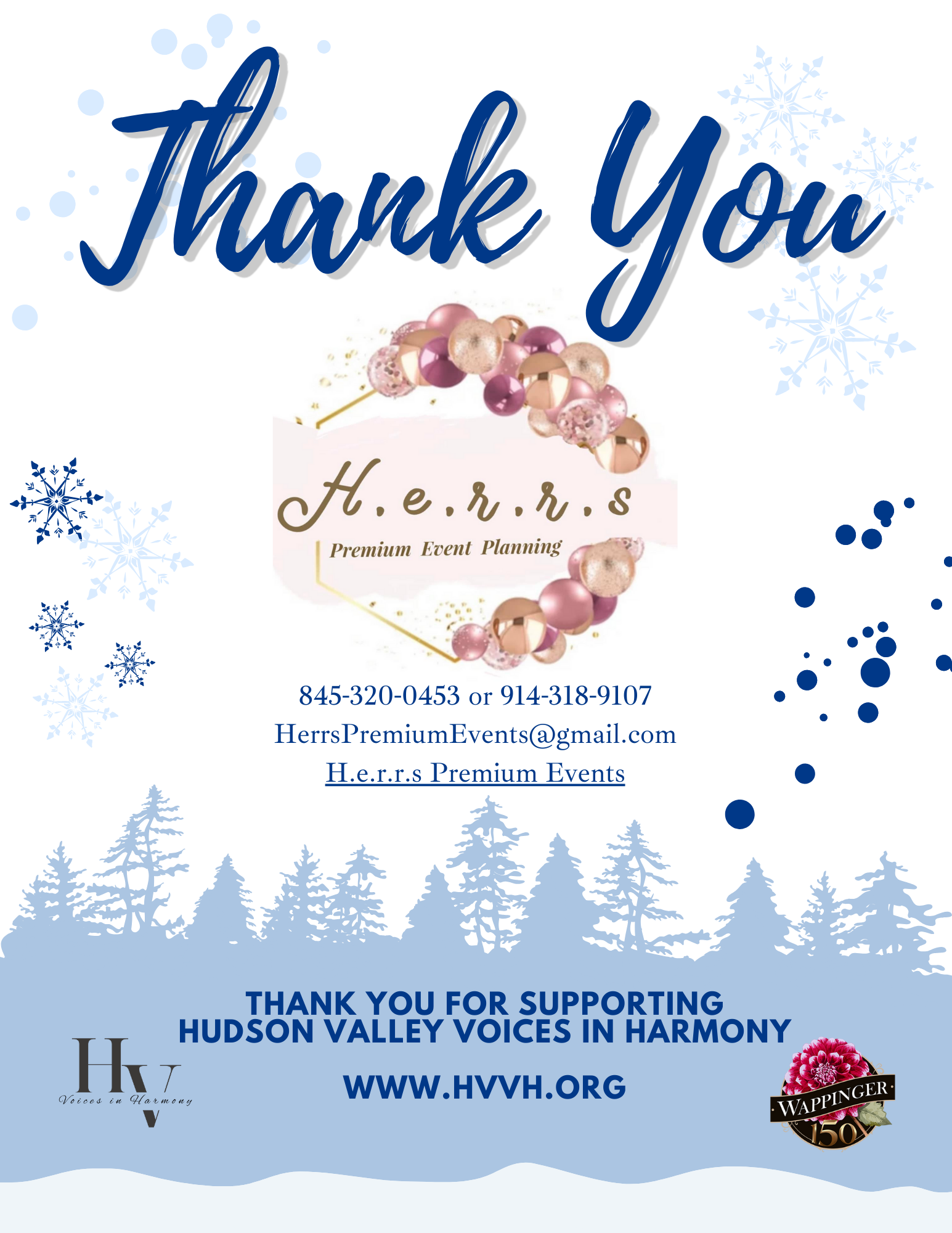 A thank you card with snowflake and tree illustrations in blue and white. The text reads, 'Thank You', with contact information for H.E.R.R.S Premium Events, and messages of support for Hudson Valley Voices in Harmony. There are logos for HVV and Wap