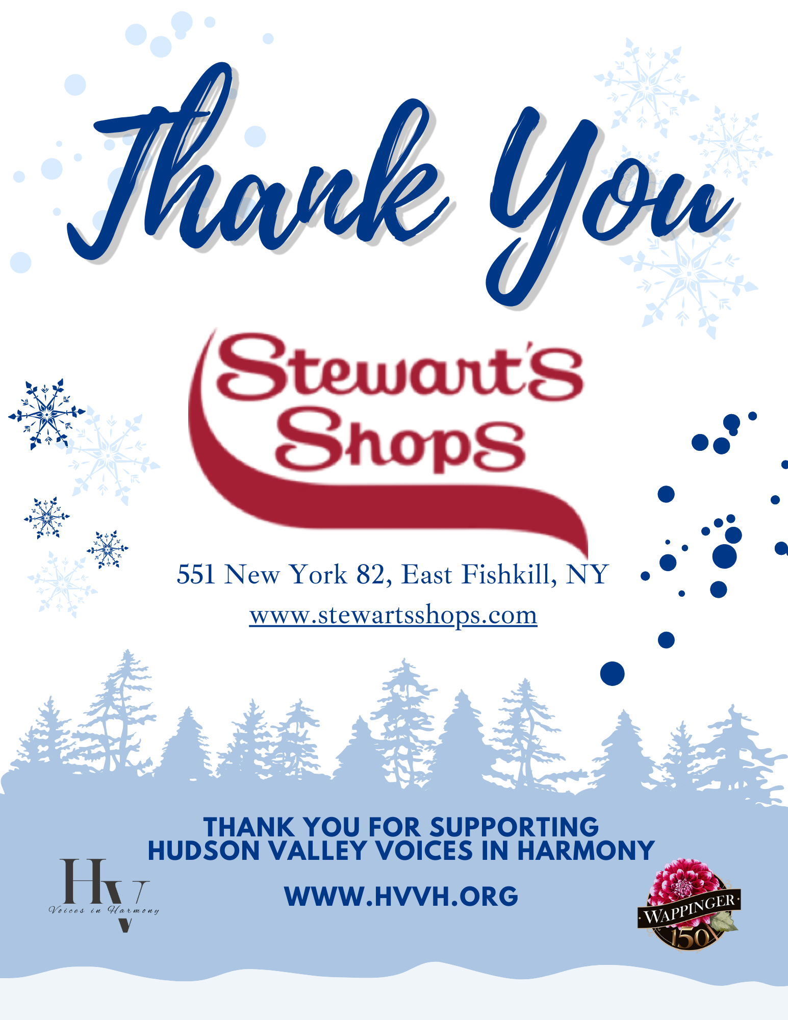 A holiday thank you card with snowflake and tree graphics, expressing gratitude to Stewart's Shops, including their address, website, and a message supporting Hudson Valley Voices in Harmony. Logos of HVV and Wappinger 150 are at the bottom.