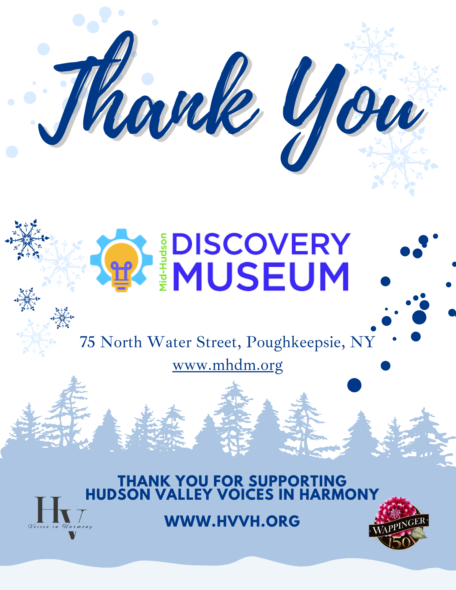 Thank you message from Discovery Museum in Poughkeepsie, NY, featuring winter-themed graphics including snowflakes and trees, with contact information and logos of Hudson Valley Voices in Harmony and Wappinger 150.