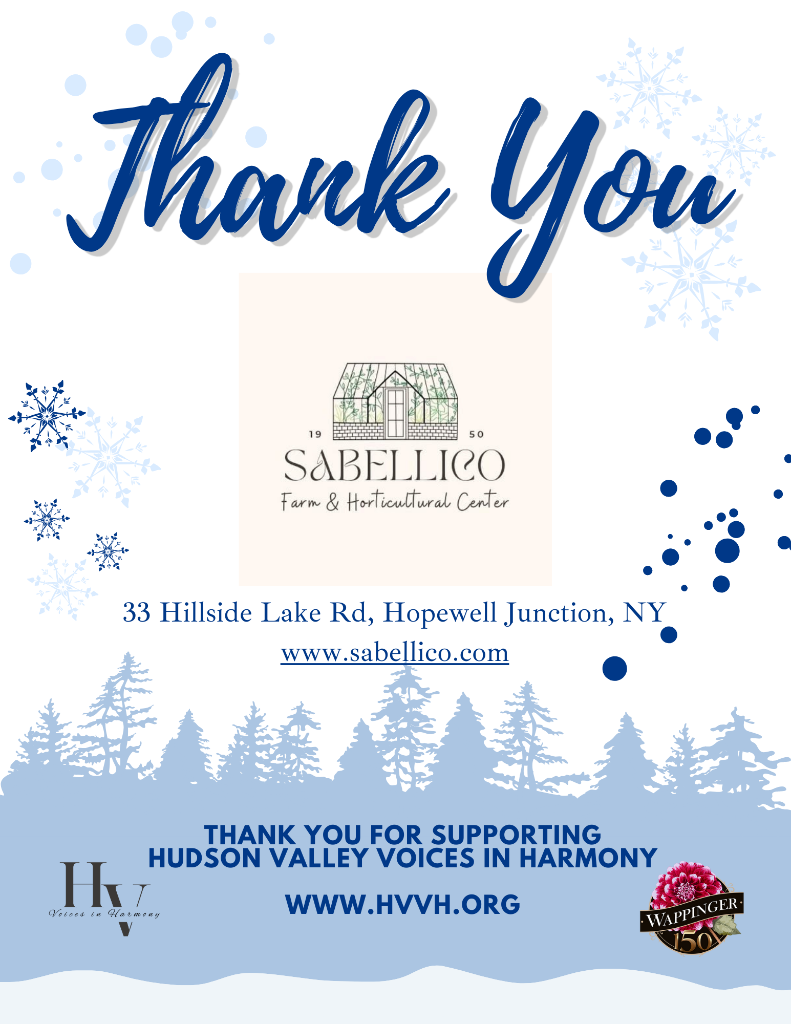 Thank you card with blue snowflakes, trees silhouette, and logos, gratitude message for support of Hudson Valley Voices in Harmony and Sabellico Farm & Horticultural Center, located in Hopewell Junction, NY.