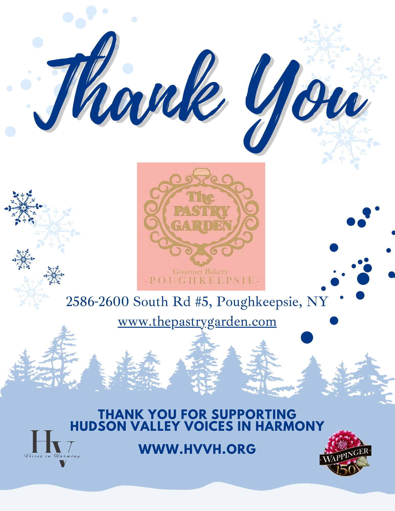 A thank you card with blue snowflakes and trees, featuring logos for The Pastry Garden, Hudson Valley Voices in Harmony, and Wappinger 150, including contact information and website links.