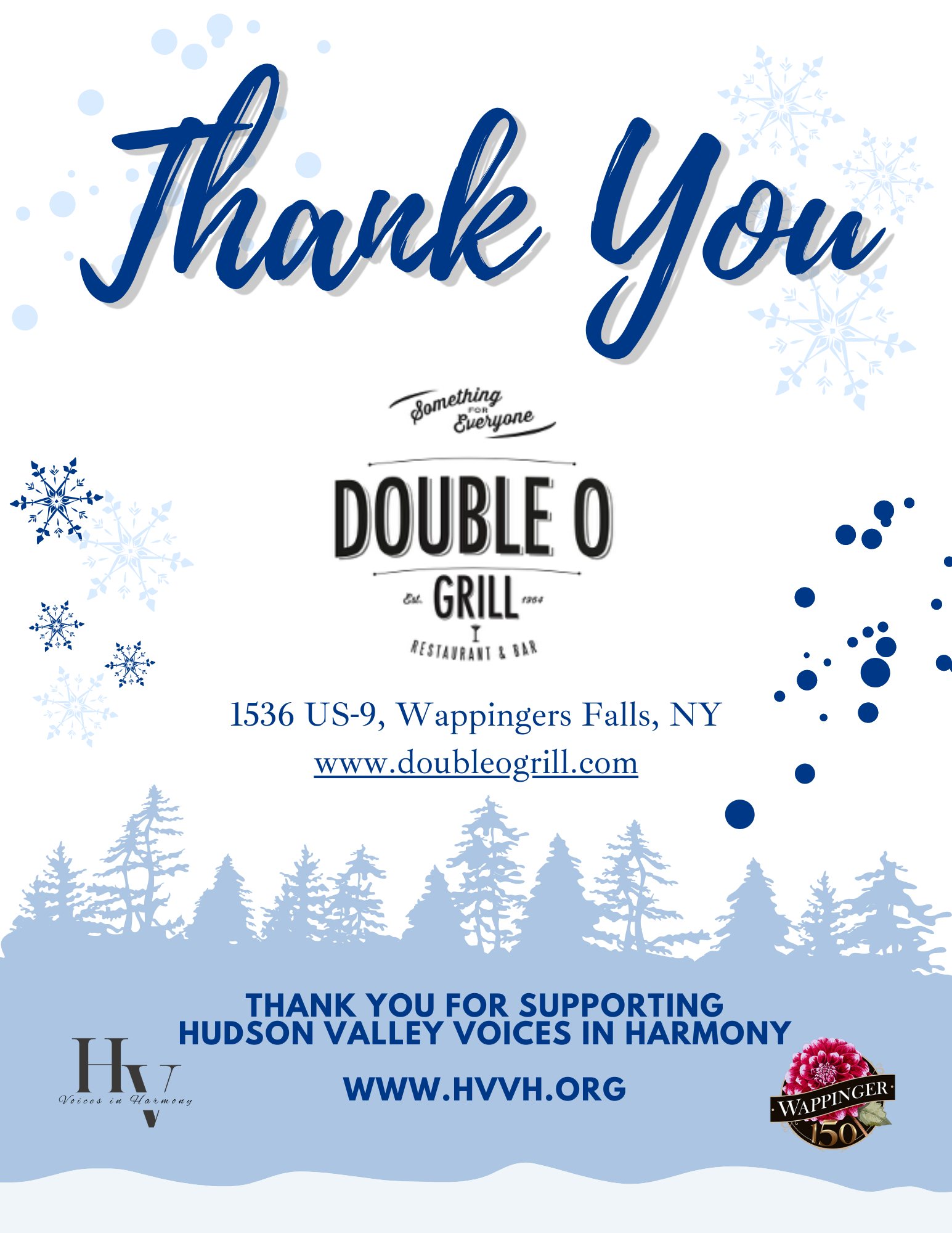 A thank you card with blue snowflakes, trees, and dots, featuring the message "Thank You" in large cursive text, and details for Double O Grill in Wappingers Falls, NY, including address, website, and logos for Hudson Valley Voices in Harmony and Wap