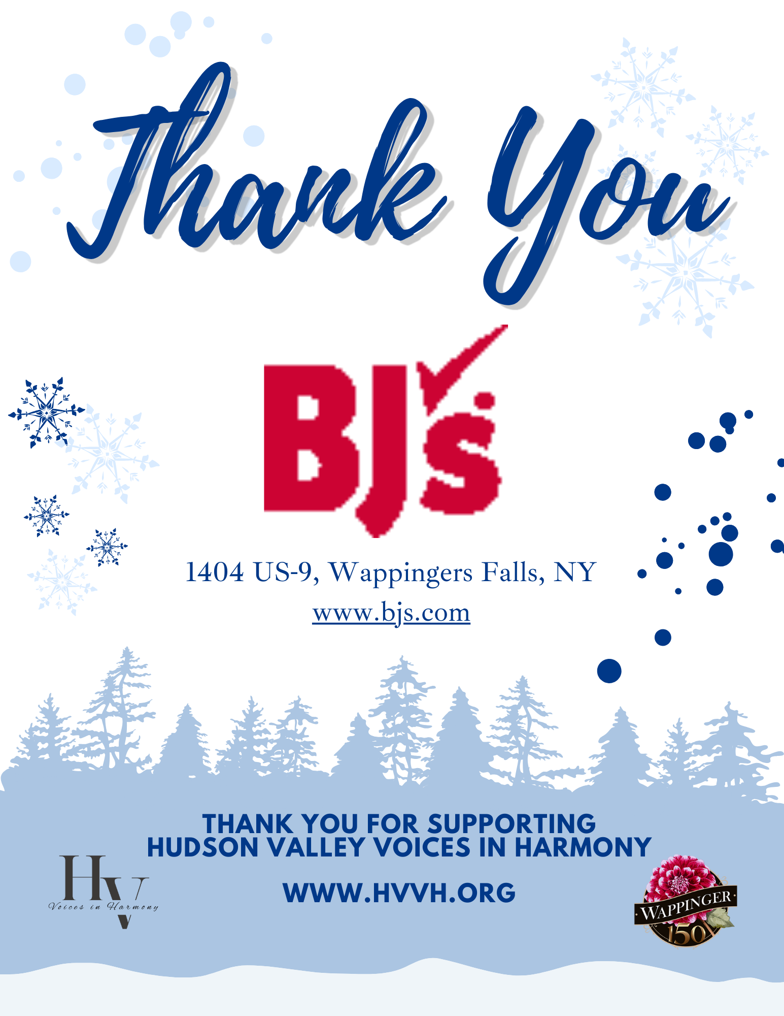 Thank You card from BJS with address in Wappingers Falls, NY, and message supporting Hudson Valley Voices in Harmony. Features snowflakes, trees, and a Wappinger 150 logo.